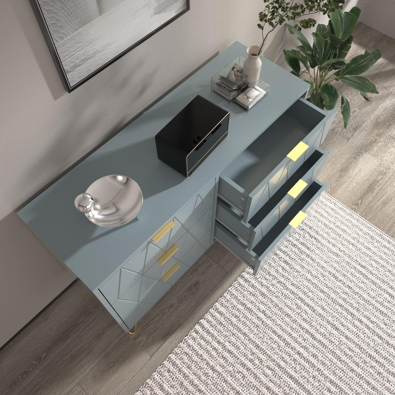 UEV Cajonera 6 Cajones, Cómoda de Madera, Cajonera Ahorro de Espacio para Dormitorio, Salón, 100 x 34 x 73cm, Azul Gris | Para ropa, documentos, juguetes, aparador moderno estrecho con protección antivuelco para salón, dormitorio, fácil montaje