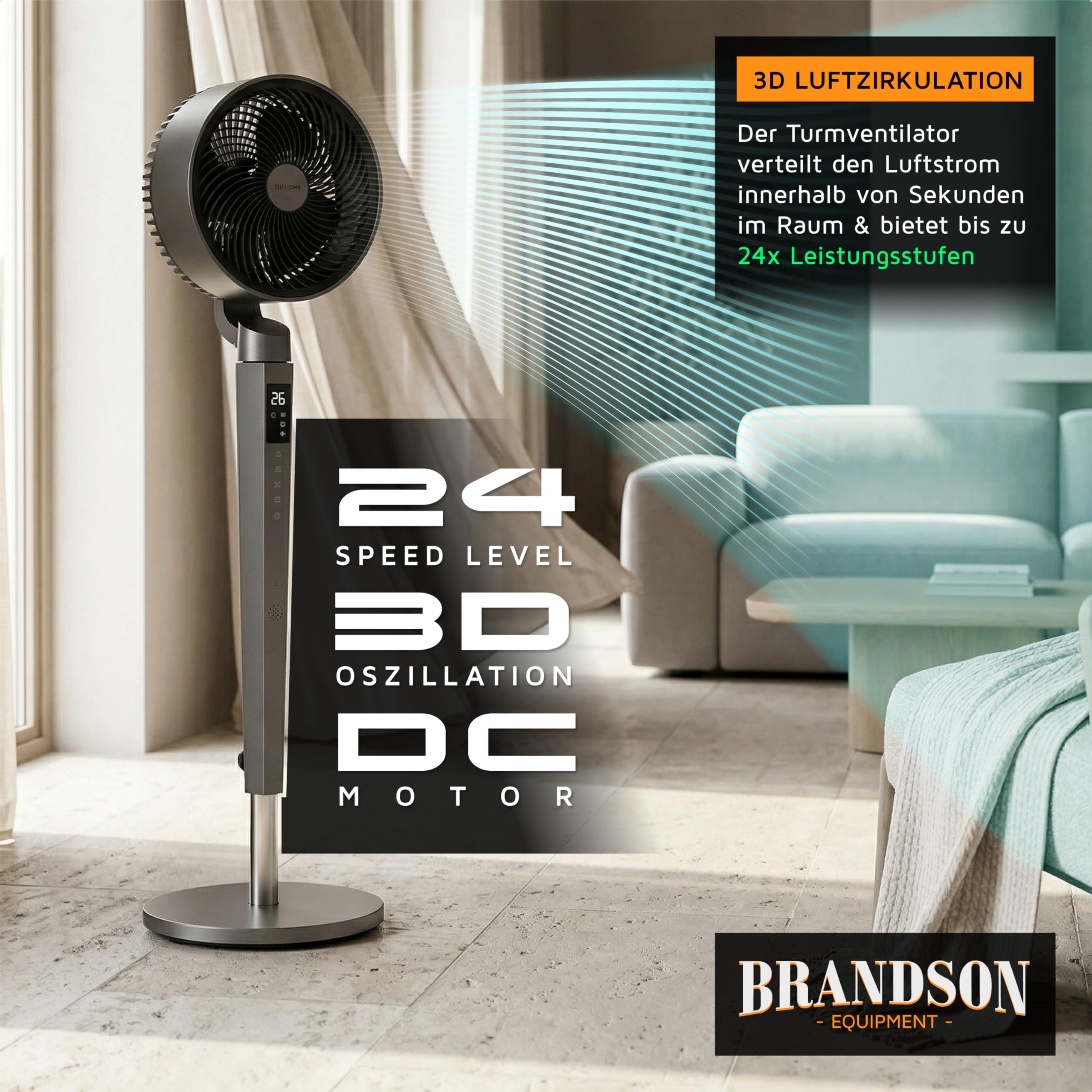 Brandson - 3D Standventilator mit DC Motor – ECO Design sehr leise – Sieger Ventilatoren und Luftkühler 2026-60% Energieeinsparung – 24 Geschwindigkeiten – horizontale und vertikale Oszillation
