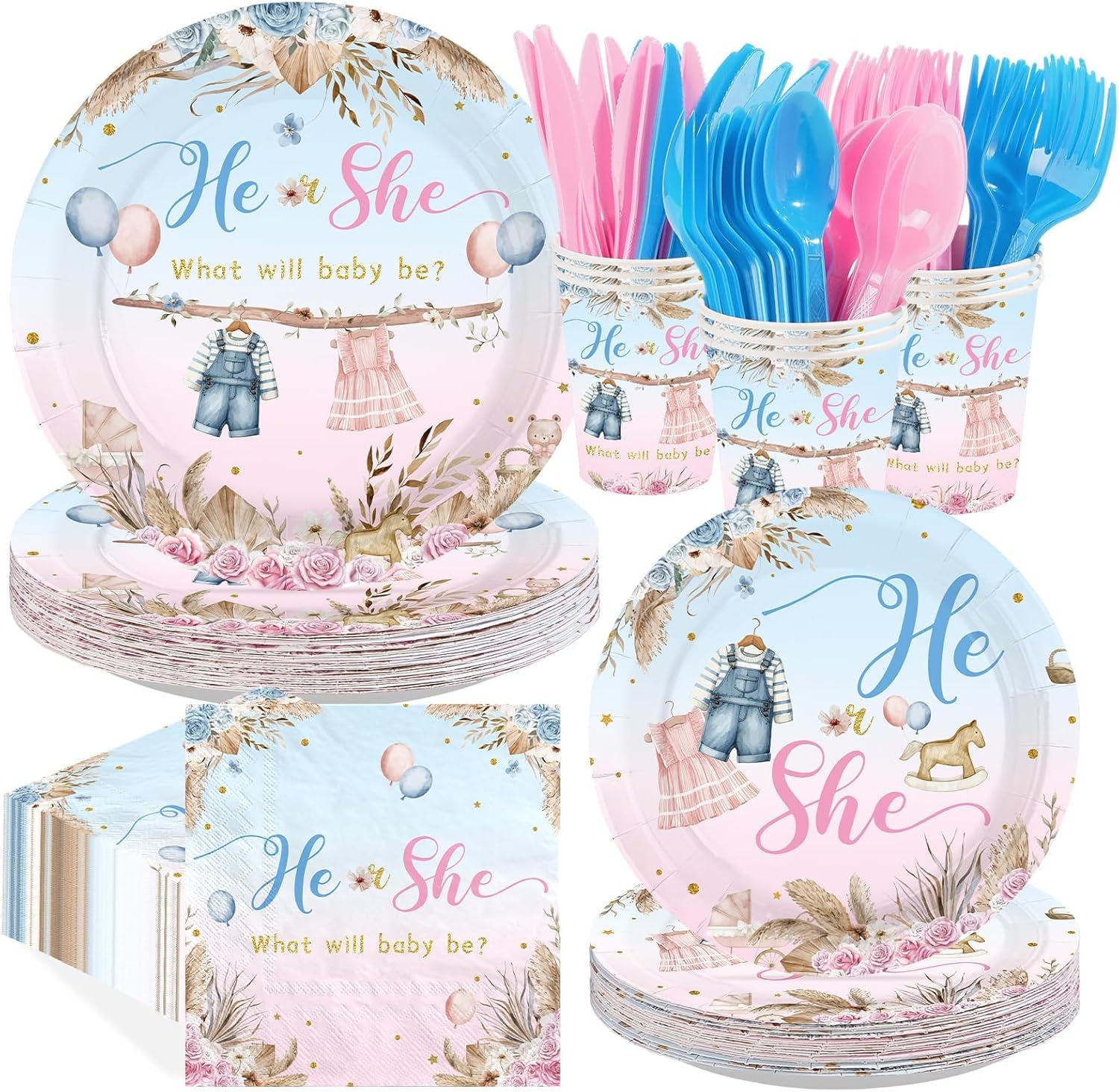 168Pcs Boho Gender Reveal Party Decorations He or She Blue and Pink Plates Napkins Cups Forks Knives Spoons Disposable Paper Tableware for Boy or Girl Baby Shower Party Supplies Serves 24