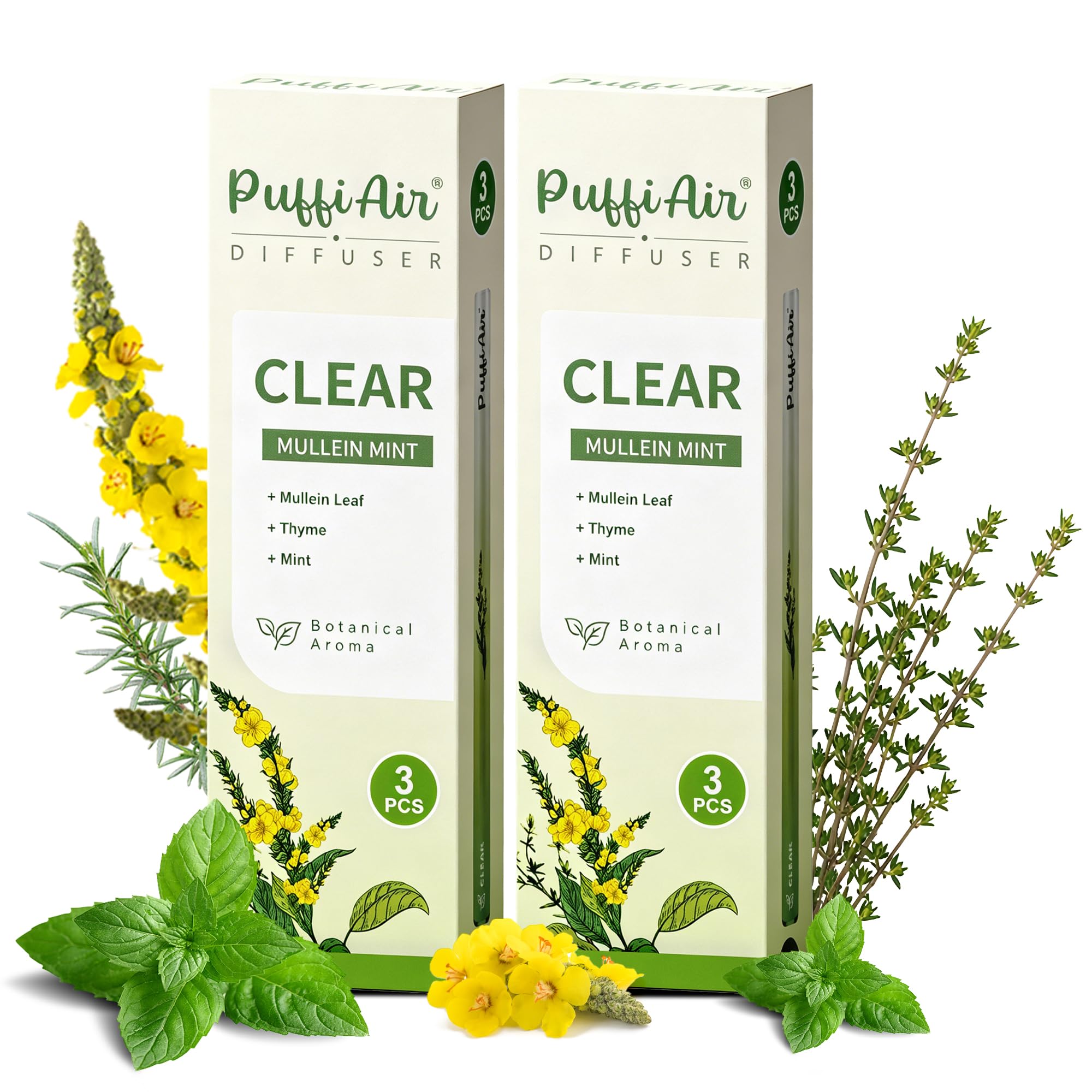 PUFFIAIR Botanical Fragrance Stick Set – Mullein, Thyme &amp; Mint Botanical Scent, Plant-Based Personal Fragrance Accessory, Portable Non-Electric Design, 6 Sticks (2 Packs)