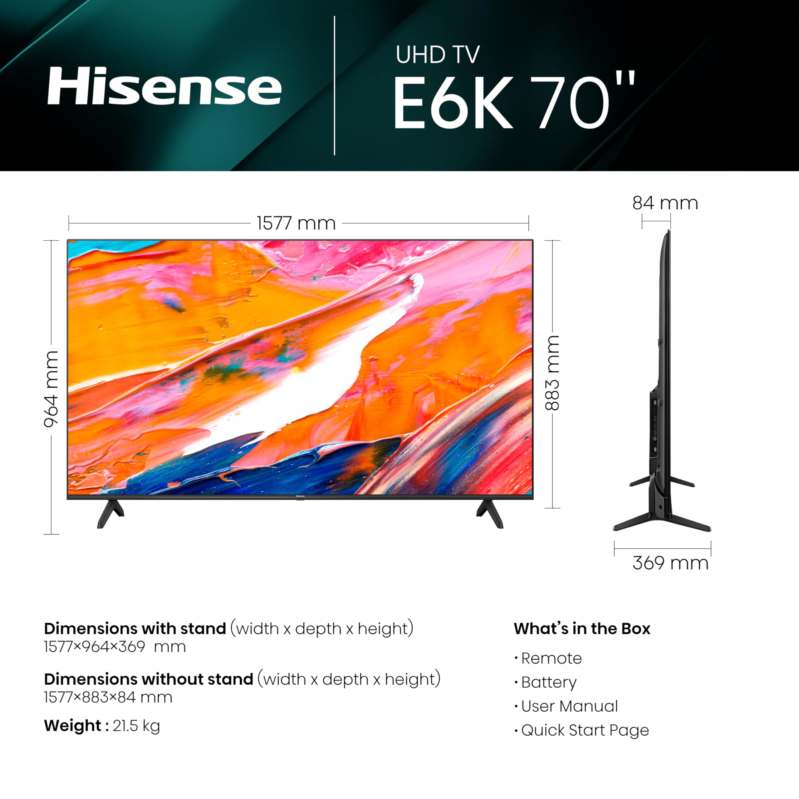 HISENSE 4K UHD Smart TV, 70 Inch E6K Black with Dolby Vision