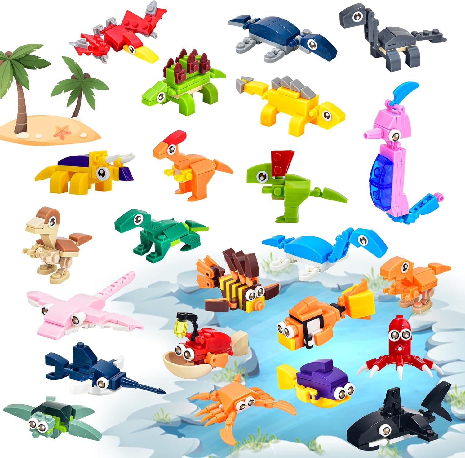 24 Packs Mini Building Blocks Animal Set with Themes of Dinosaur and Sea Creatures