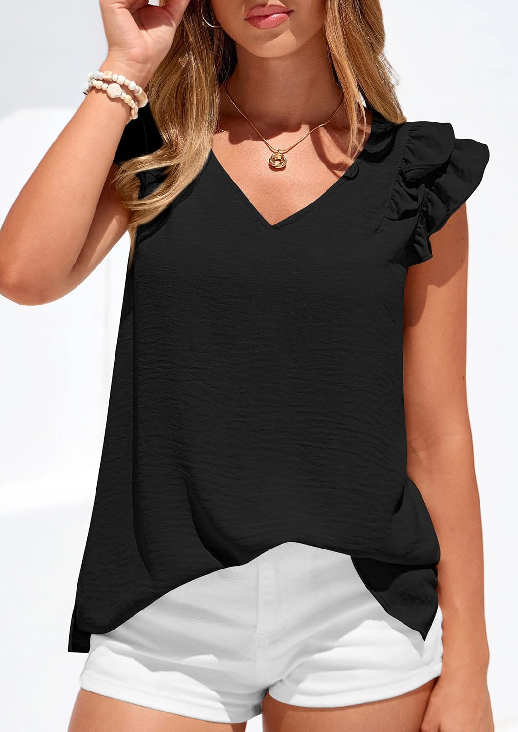 PRETTYGARDEN Blouses for Women Dressy Casual Summer Going Out Tops 2026 Spring Business Work V Neck Ruffle Cap Sleeve Shirts - Image 7