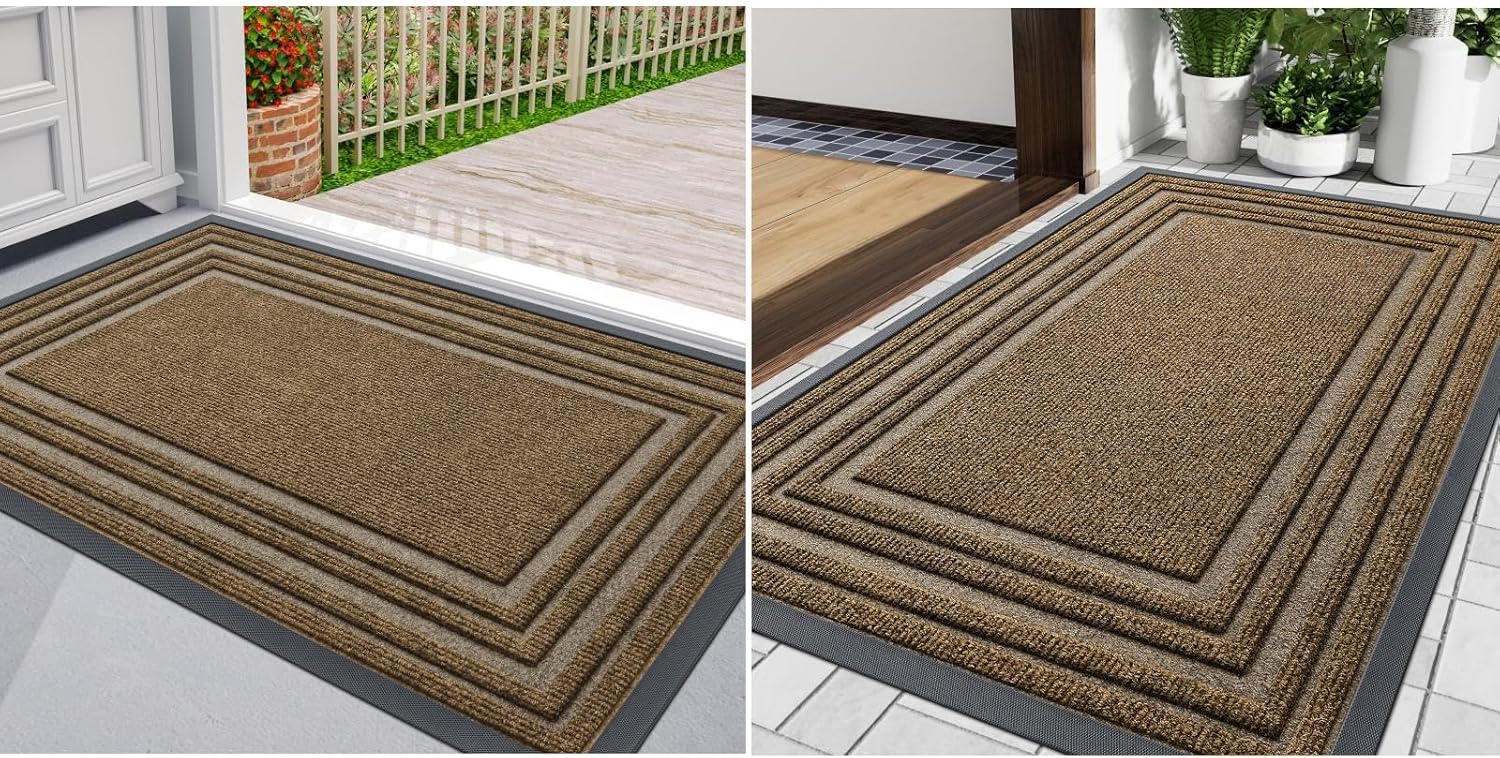 Buganda Indoor Outdoor Door Mat, Heavy Duty Natural Rubber Mat Size 29x17 and Size 36x24 in Brown, 2 Item Bundle