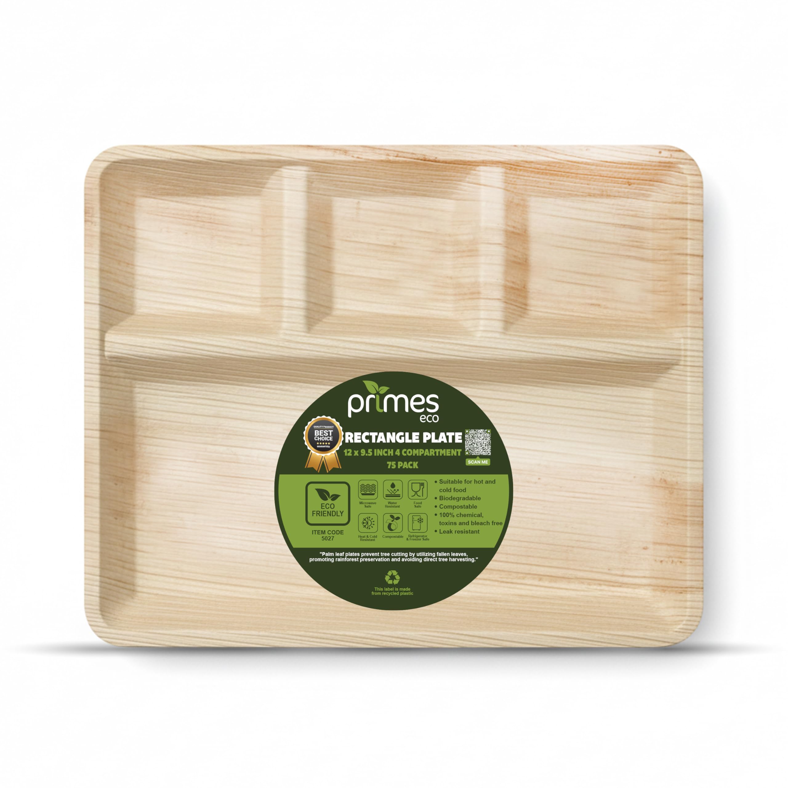 PRIMES ECO 12 x 9.5 inch 4-Compartment Palm Leaf Bamboo Disposable Plates | Large, Eco Friendly, Heavy Duty | Biodegradable Party Tableware for BBQ, Catering, Wedding & Picnic