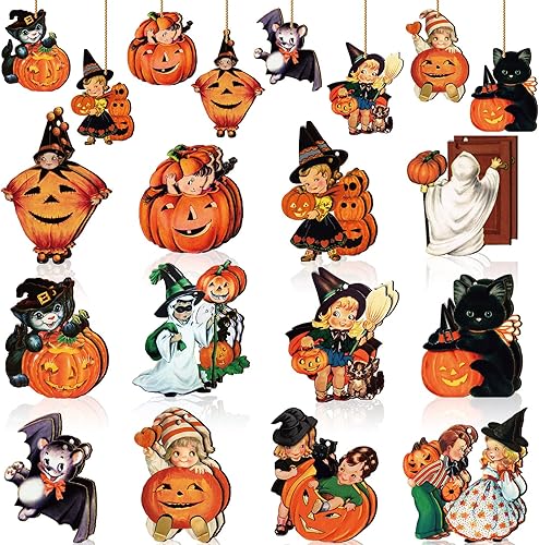 Geelin 24 piezas de adornos vintage de Halloween para decoración de árbol, gato negro, calabaza, madera, murciélago, colgantes, decoración retro de