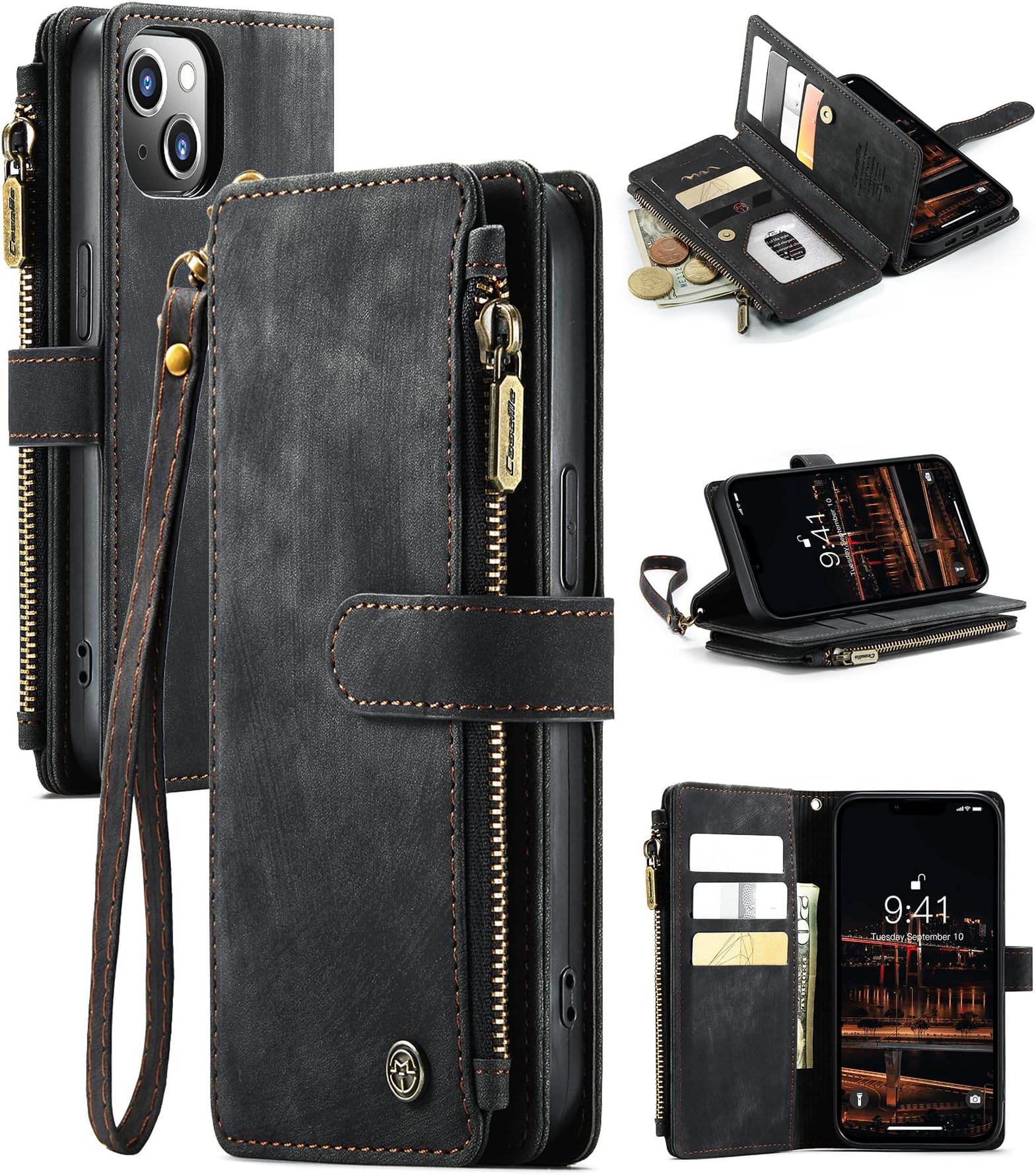 CaseMe iPhone 14 Plus Wallet Case, iPhone 14 Plus Case with Card Holder, Upgraded iPhone 14 Plus Case for Women Men, Premium Protective Phone Wallet Case with Magnetic Kickstand Wrist Strap, Black