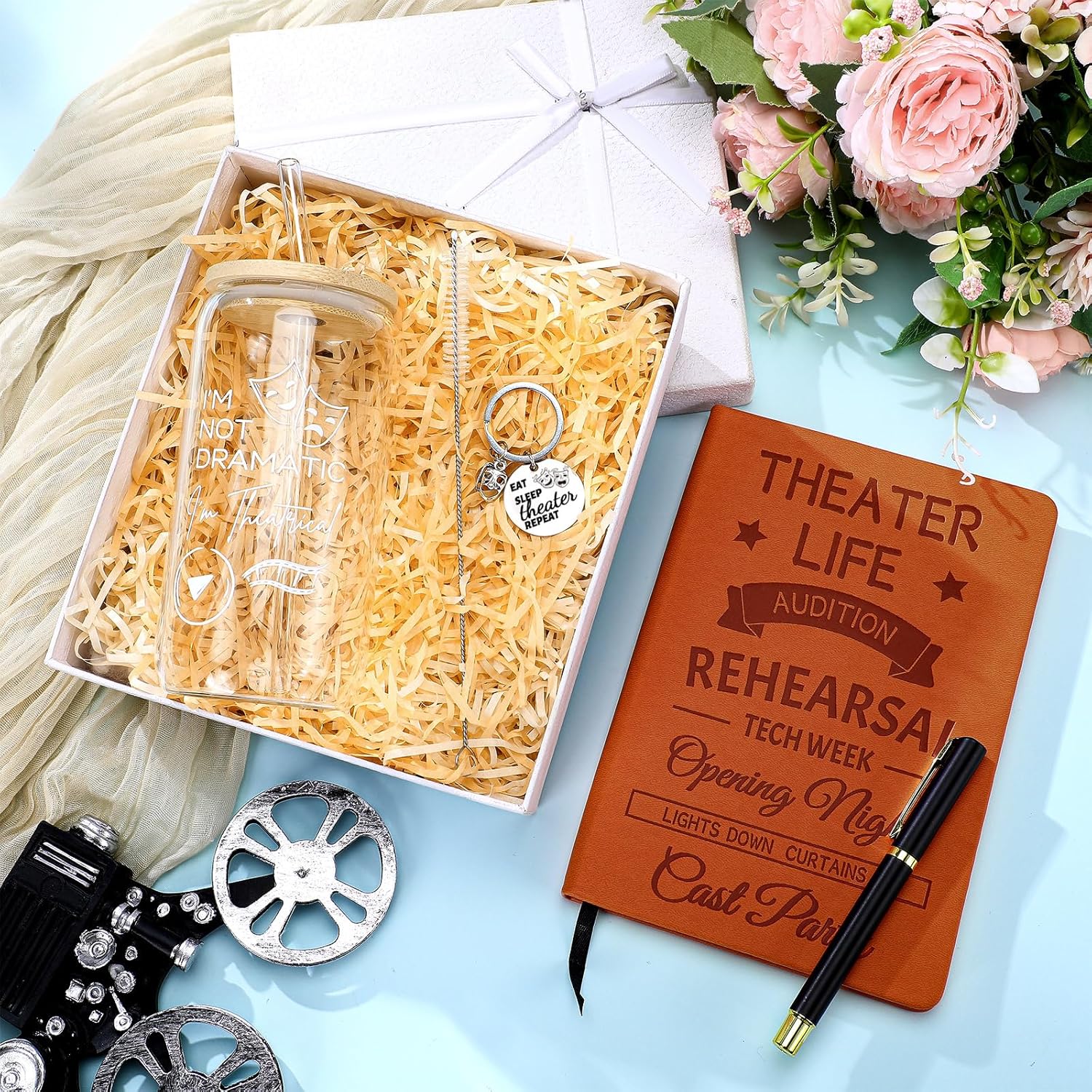 4 Pcs Theatre Gifts for Women Teens Theater Life 16oz Glass Cup Leather Notebook Ballpoint Pen Keychain Musical Broadway Graduation Gifts for Theatre Performers Directors Actors Drama Teacher(Brown) - Image 3