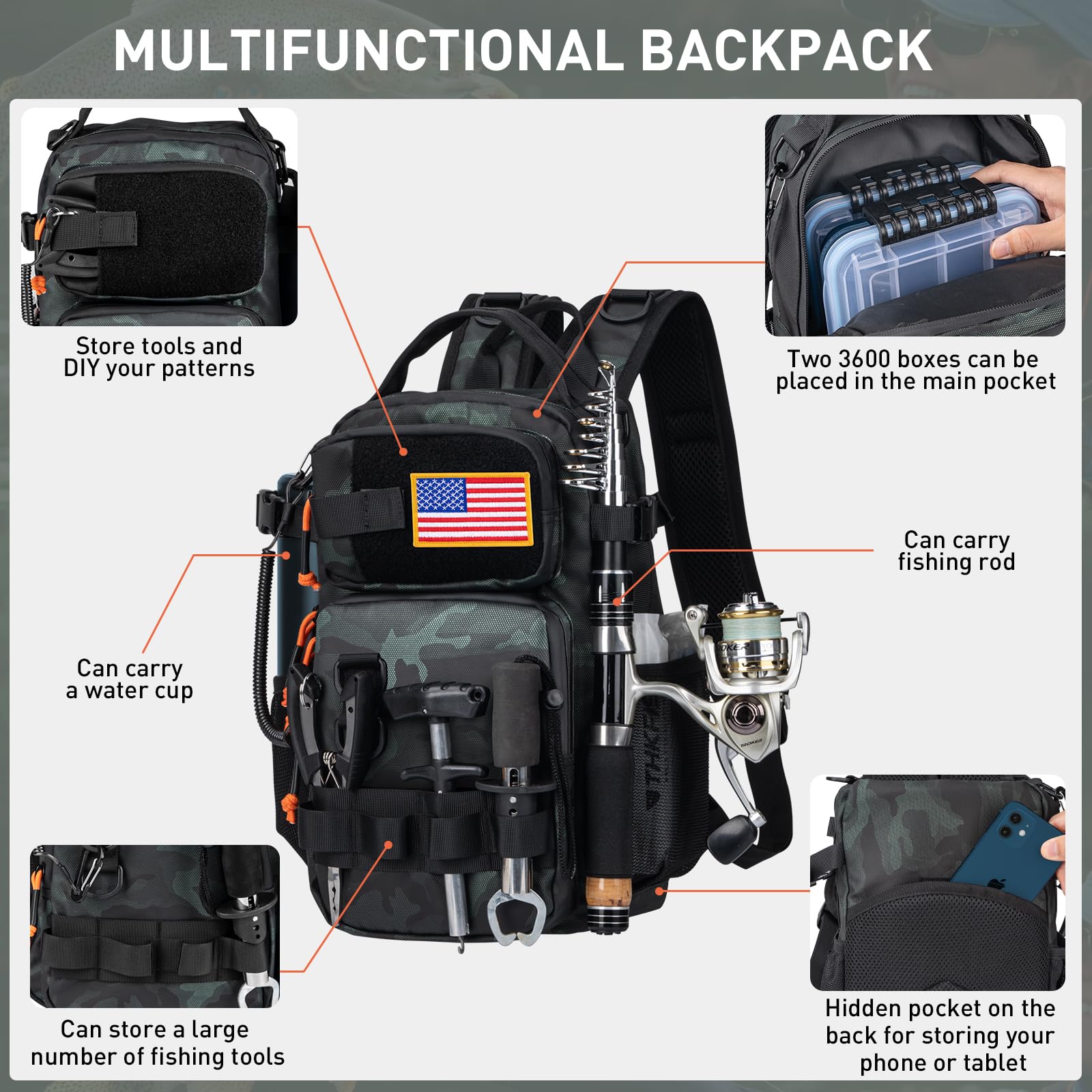THKFISH Angelrucksack mit Rutenhalter, Angelwerkzeug-Set, wasserdichte Tasche mit Angelköder-Set, Angelausrüstungsbox und Zangen-Set für Männer und Frauen (Schwarz, Camouflage-87-teilig)