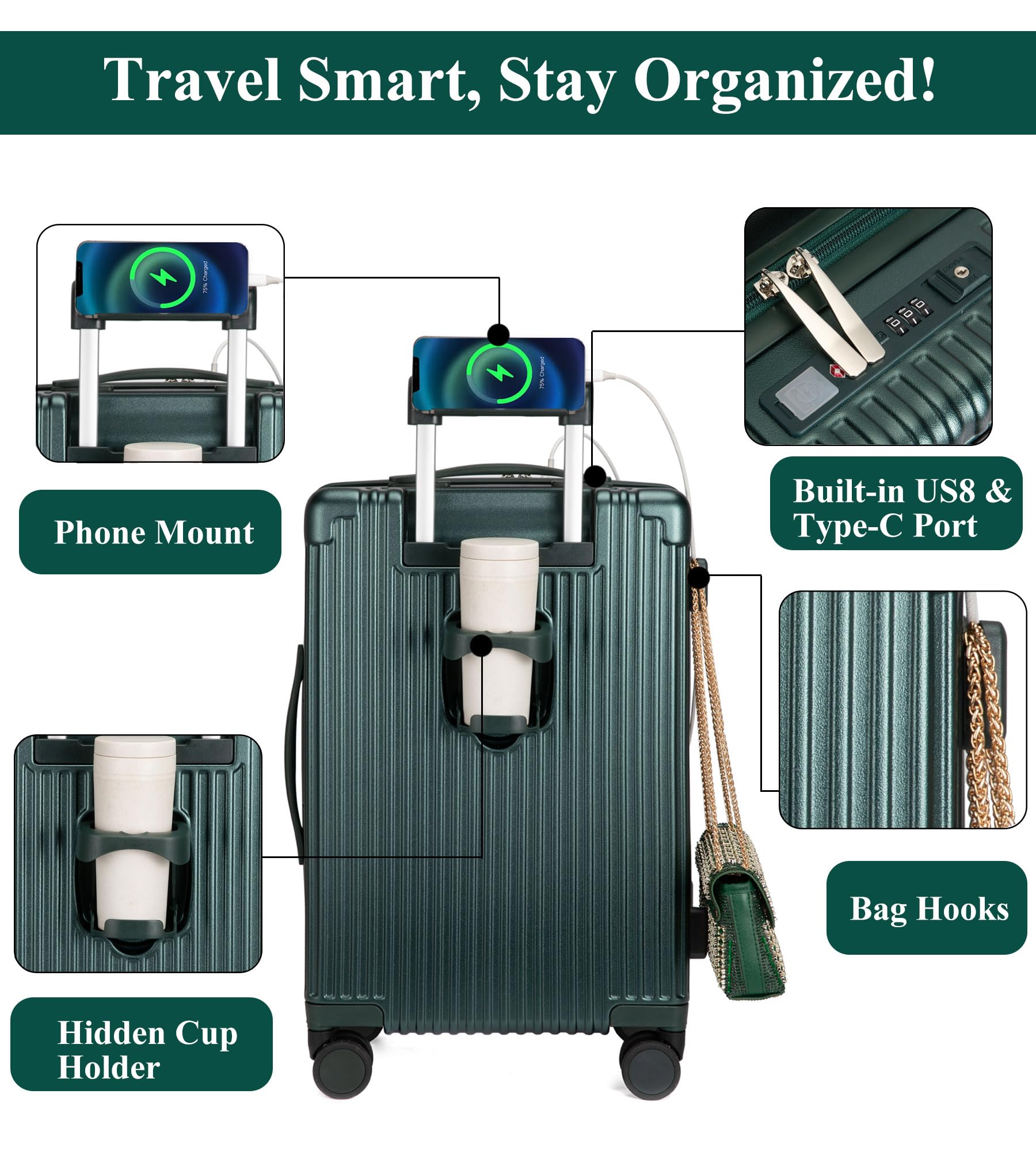 feilario Valigia da 50,8 cm con telaio in alluminio rigido con chiusura a cerniera, serratura TSA integrata, con portabicchieri, porta USB e supporto per telefono, verde (con chiusura a cerniera, 50,8