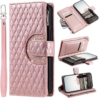 XYX Wallet Case for Motorola Moto G72, PU Leather Phone Case Women Girl Shockproof Protective Cover with Strap Zipper Pocket Credit Card Holder Slots, Rose Gold