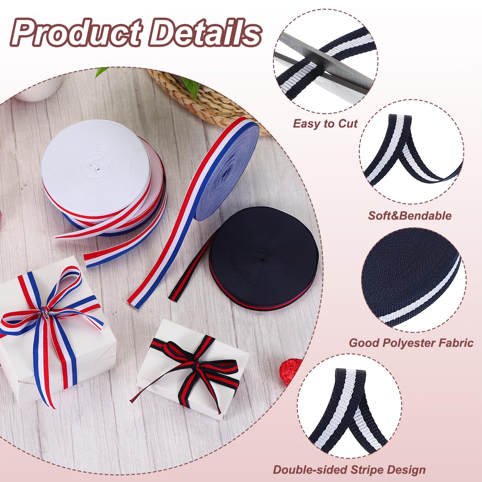 PATIKIL 3/8" Navy White Striped Grosgrain Ribbon, 25 Yard Polyester Fabric Stripe Craft Ribbon Double Faced Design for Bow Gift Wrapping DIY Making Garment Christmas Decorations - Image 3