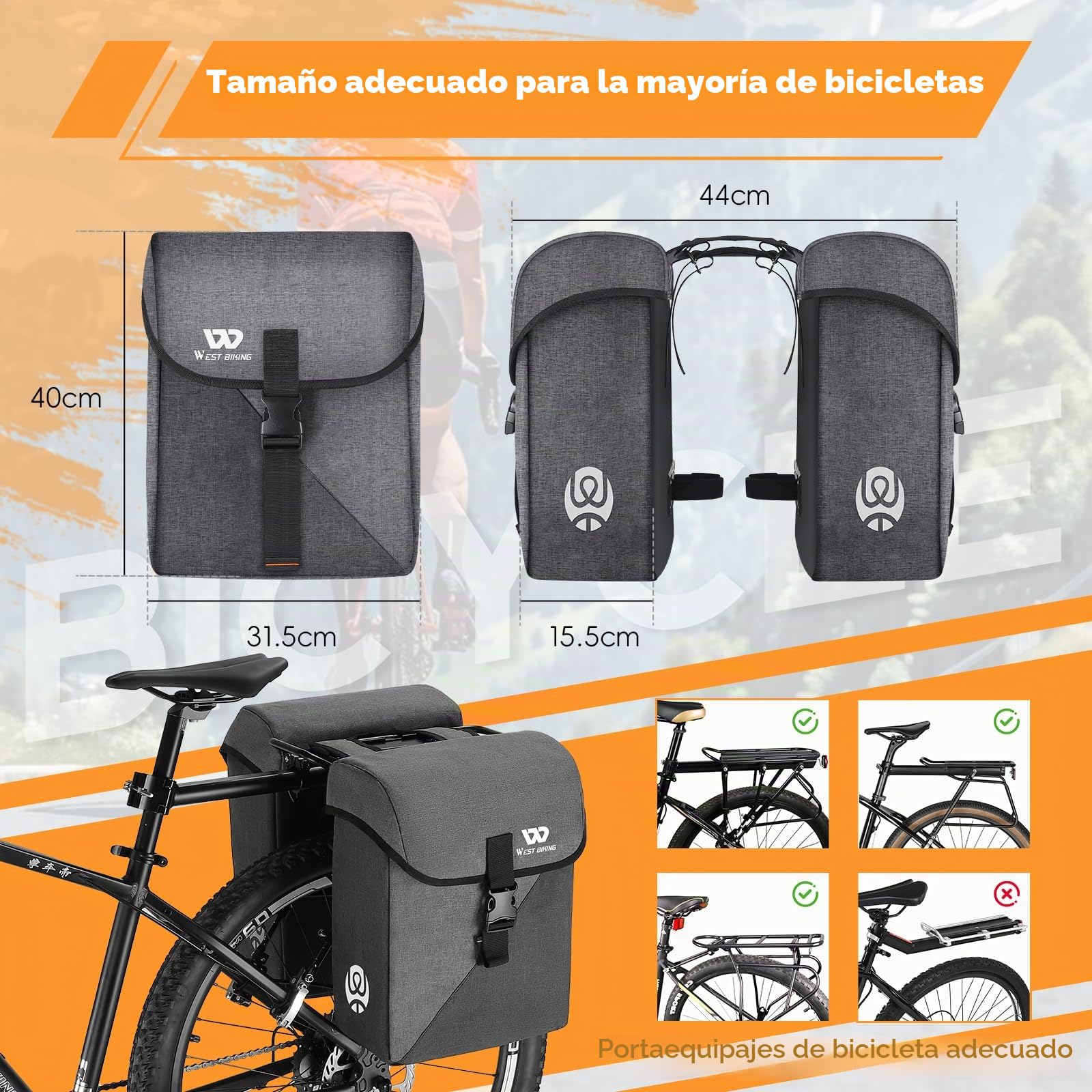 ICOCOPRO Alforja doble para bicicleta, tridimensional para portaequipajes, 35 l, bolsa grande con protección impermeable para la lluvia, para bicicleta de carretera