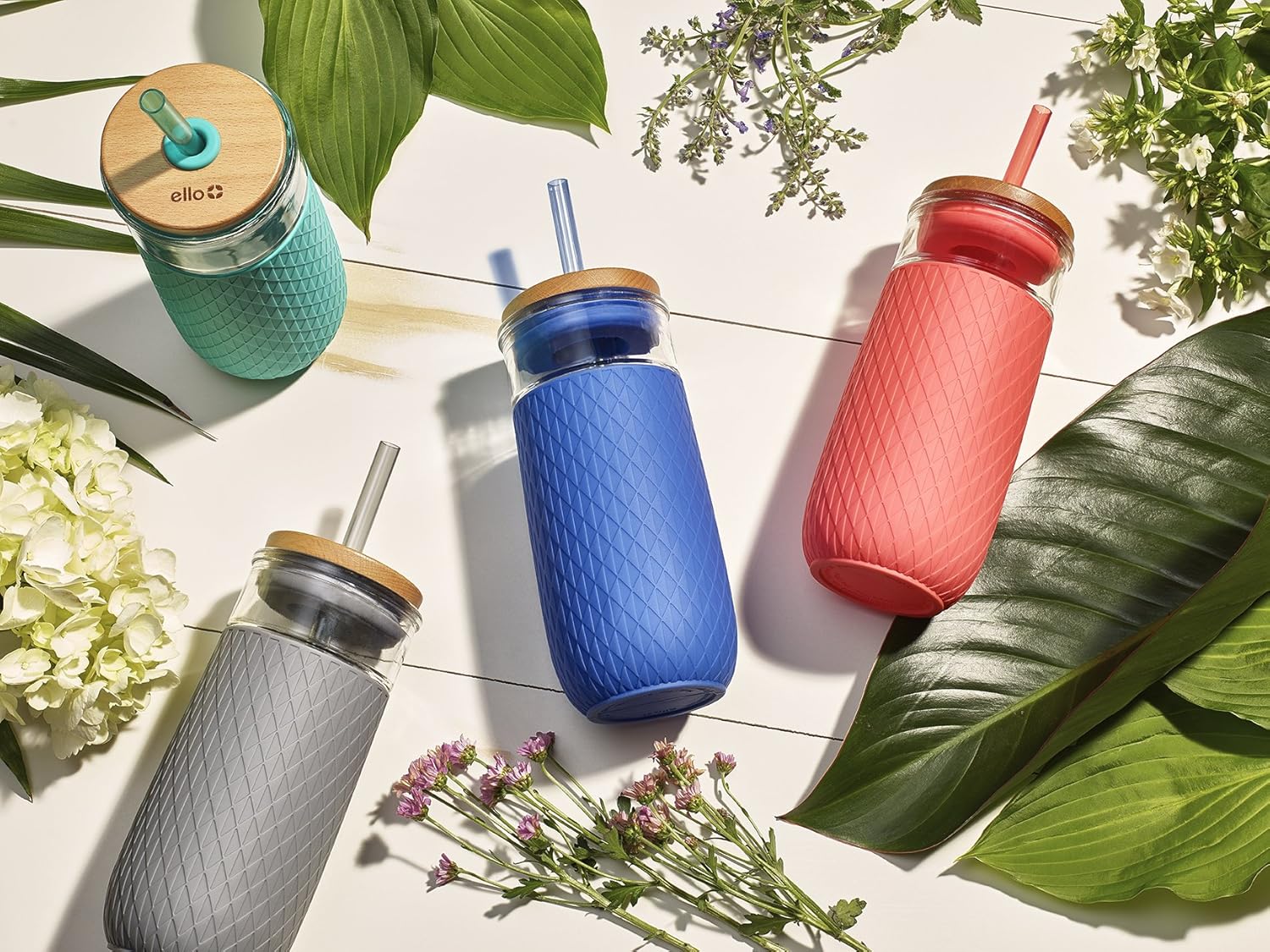 Ello Devon Glass Tumbler with Protective No Sweat Silicone Sleeve and Splash Proof Wooden Detail Lid with Straw, 18 oz : Home & Kitchen