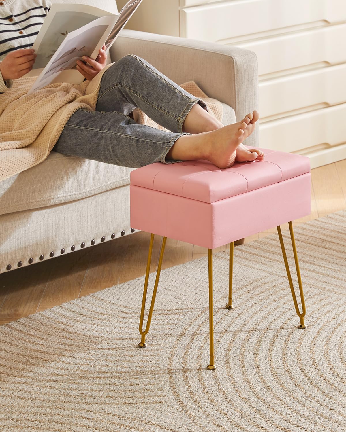 IBUYKE Multifunzionale Stoccaggio Vanity Sgabello con Flip Table, Gambe in Metallo Regolabili & Pelle PU - 40x30x48cm Poggiapiedi ottomano per Trucco, Soggiorno, Ingresso Rosa WBD014P