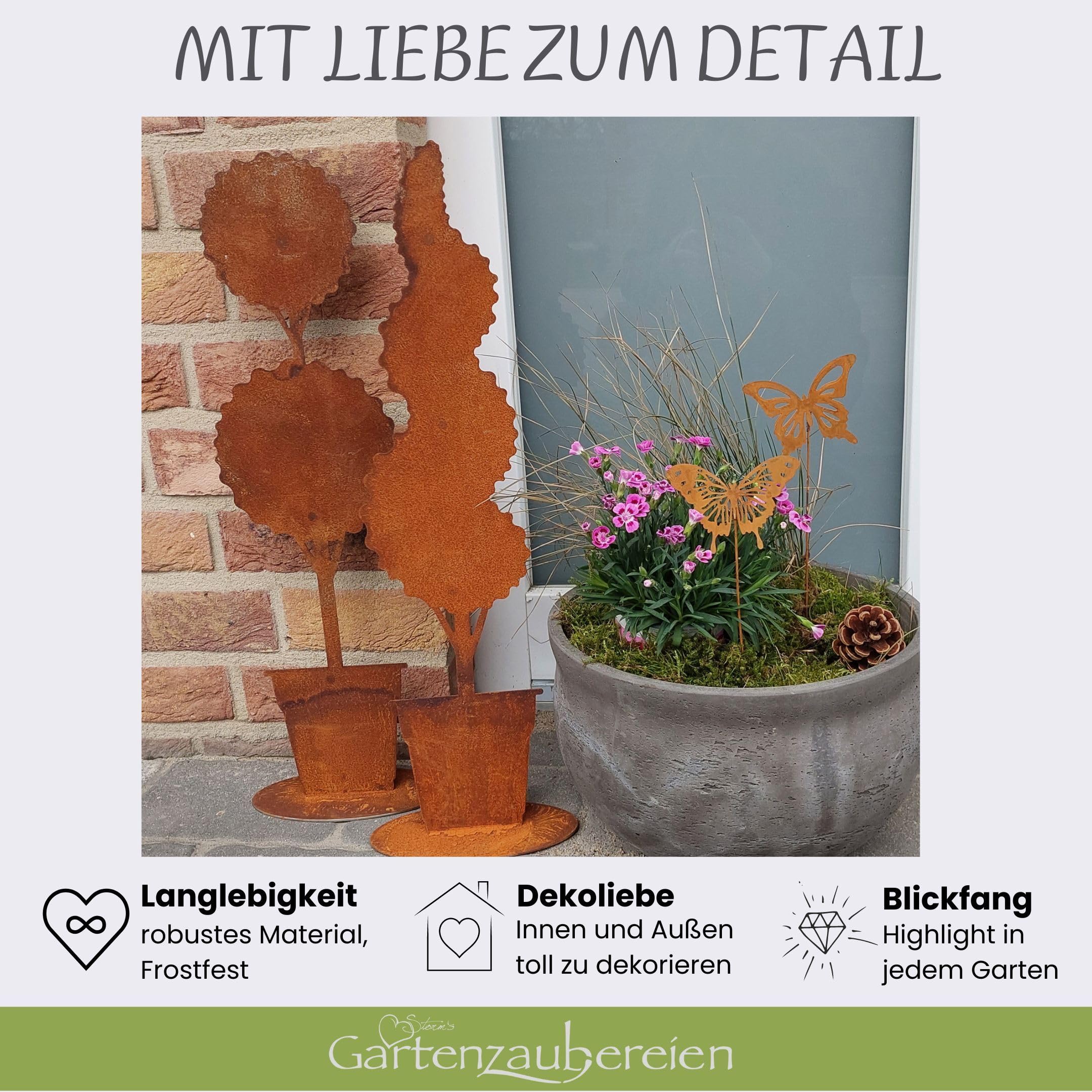 Storm's Gartenzaubereien Metalldeko in Rost Baum im 2er Set mit Formschnitt 57cm zum Stellen Edelrost Deko für Balkon und Terrasse