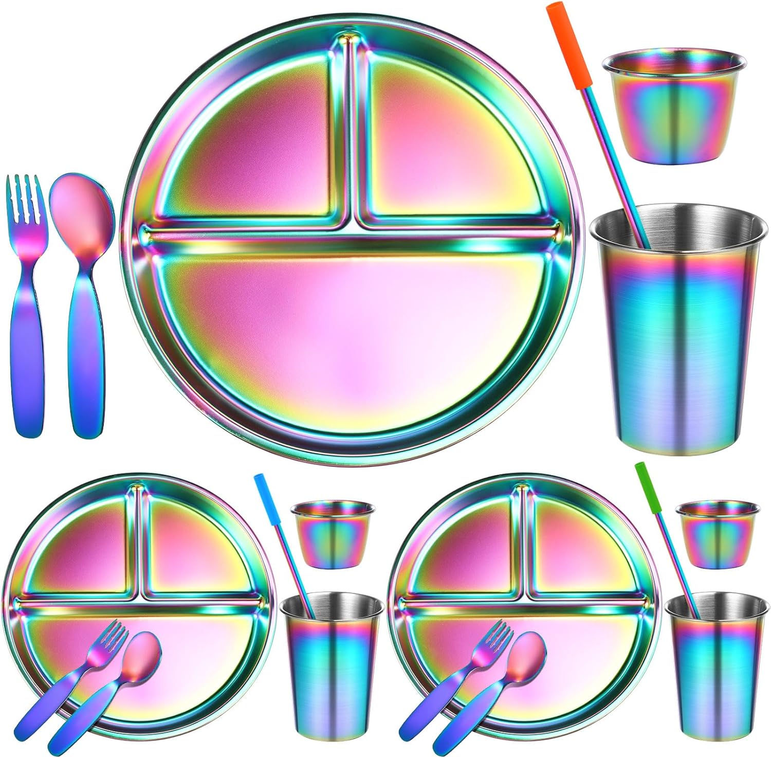 Yinder 21 Pcs Stainless Steel Kids Dinner Set Including 3 Sets of Balanced Bites Divided Plate and Bowl Cup Spoon Fork Straw with Straw Sleeve Rainbow Utensils Back to School Lunch Supplies