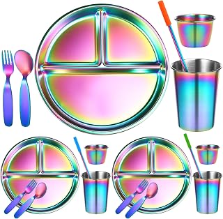 Yinder 21 Pcs Stainless Steel Kids Dinner Set Including 3 Sets of Balanced Bites Divided Plate and Bowl Cup Spoon Fork Straw with Straw Sleeve Rainbow Utensils Back to School Lunch Supplies