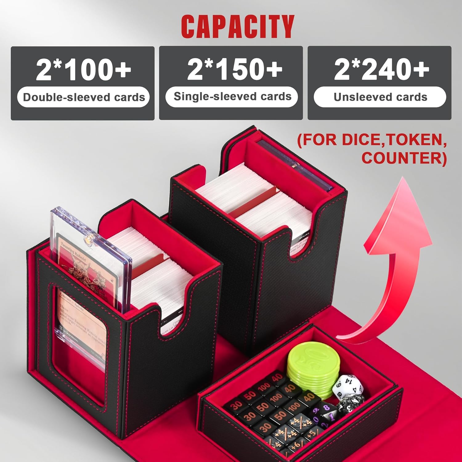 Kabinka Deck Box for MTG with Commander Display, 3 in 1 Trading Card Storage Box Fit 200 Double-sleeved Cards, Removable Deck Case for TCG/Sports Cards with 2 Magnetic Card Holders (Black Red)