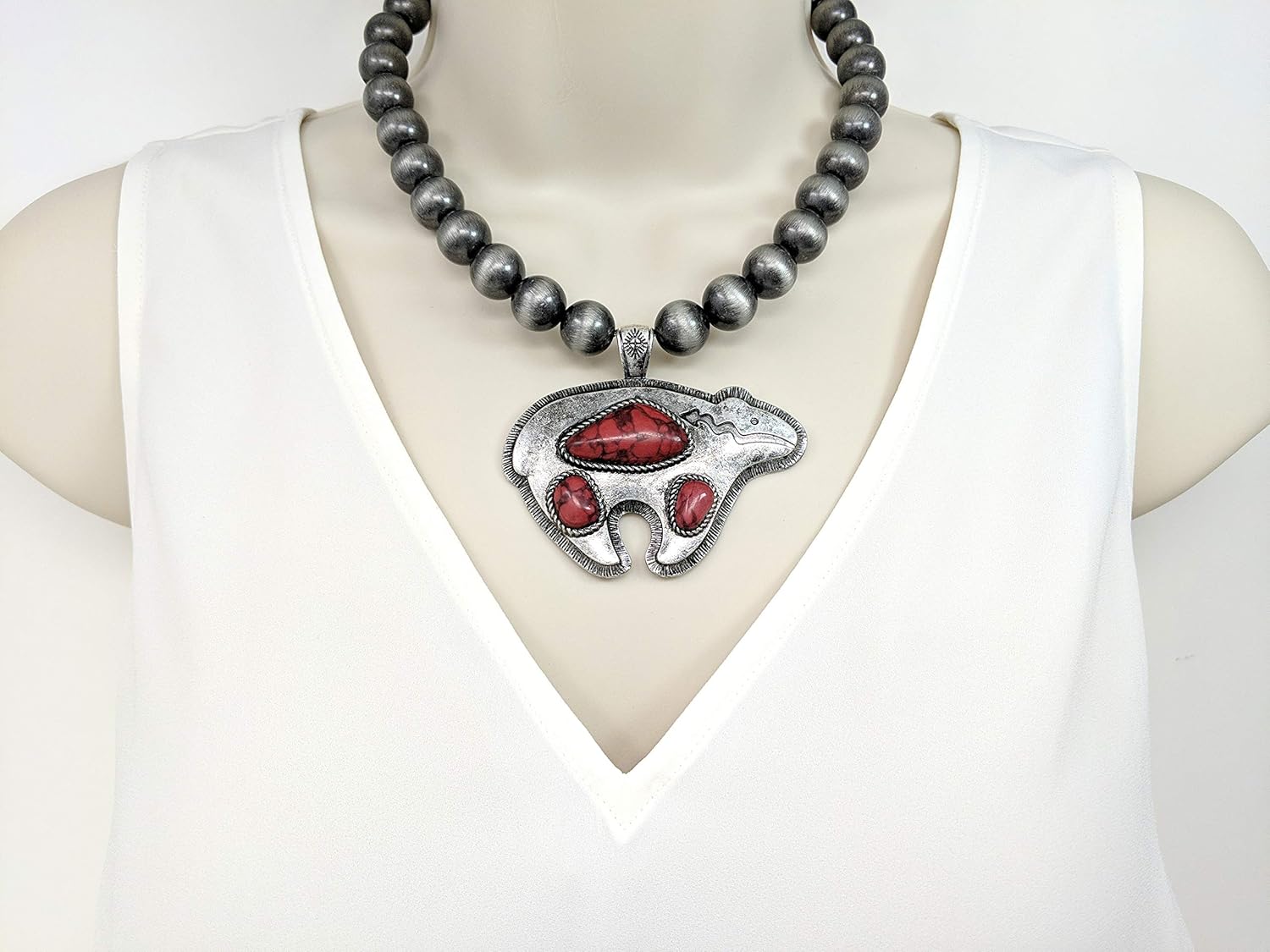 Turquoise Stone Native American Bear Pendant Native Pearls Necklace 18 Inch