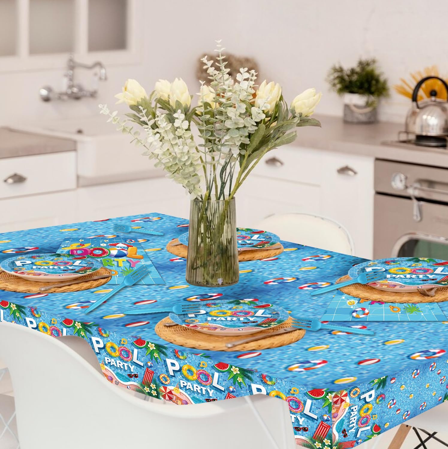 tineit 98 Pcs Summer Tableware, Pool Party Decorations Include Tablecloth, Plastic Summer Fork, Plates and Napkins, Pool Party Supplies