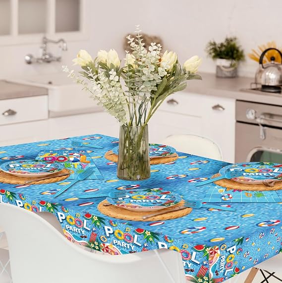 98 Pcs Summer Tableware, Pool Party Decorations Include Tablecloth, Plastic Summer Fork, Plates and Napkins, Pool Party Supplies