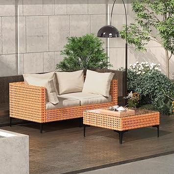 3 Piece Outdoor Patio Furniture Set Modular Outdoor Furniture Set Wicker Outdoor Sectional Sofa with Cushions and Tea Table Patio Set for Balcony Porch Deck Yard Salmon&Orange Wicker, Sand Cushion