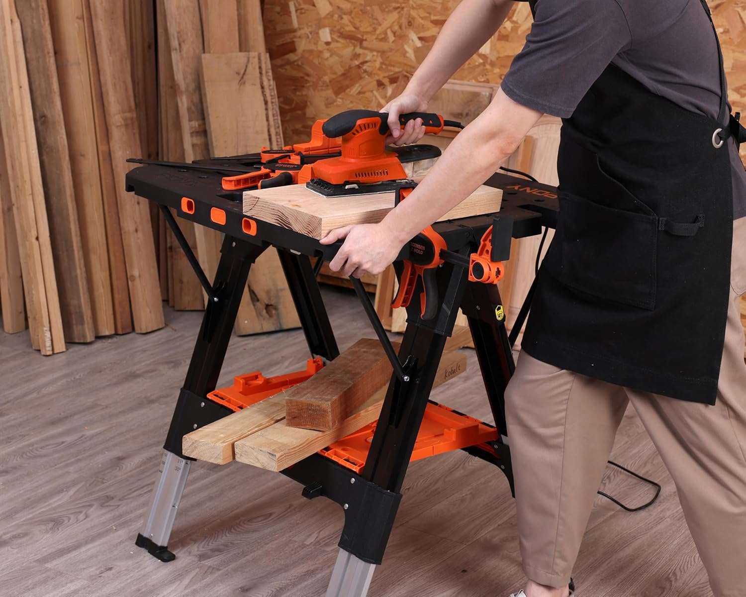 PONY Jorgensen 2-in-1 Heavy Duty Folding Worktable, Collapsible Portable Workbench and Sawhorse with Adjustable Height and 1000 lb Capacityfor Garage, Workshop, and Jobsite (60P)