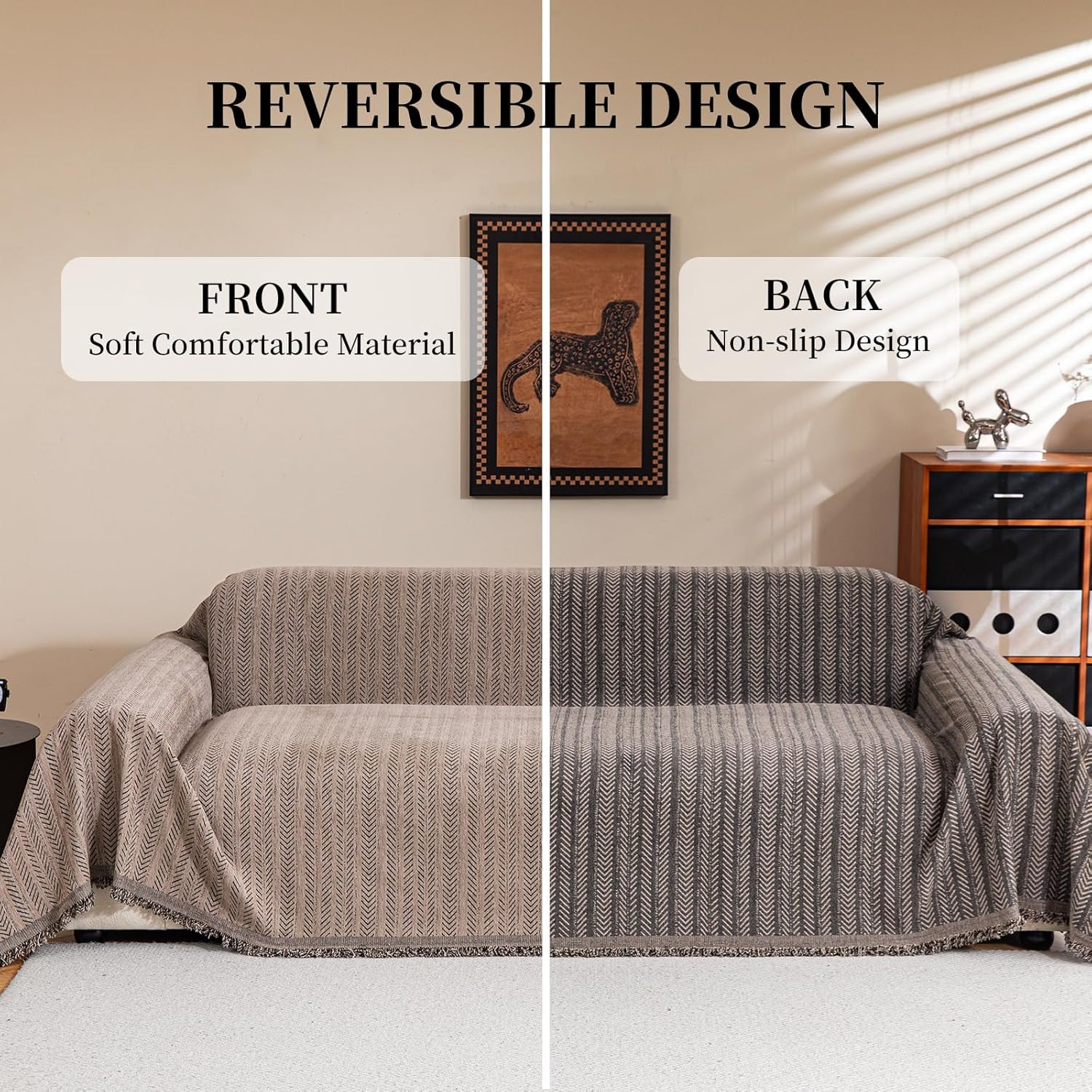 Sofa Covers for 2 Cushion Couch Sofa, Loveseat Non Slip Couch Cover Polyester Strip Couch Throw Blankets with Tassel, Sectional Sofa Slipcover Furniture Protector for Pets, Kids 71"x118", Light Brown