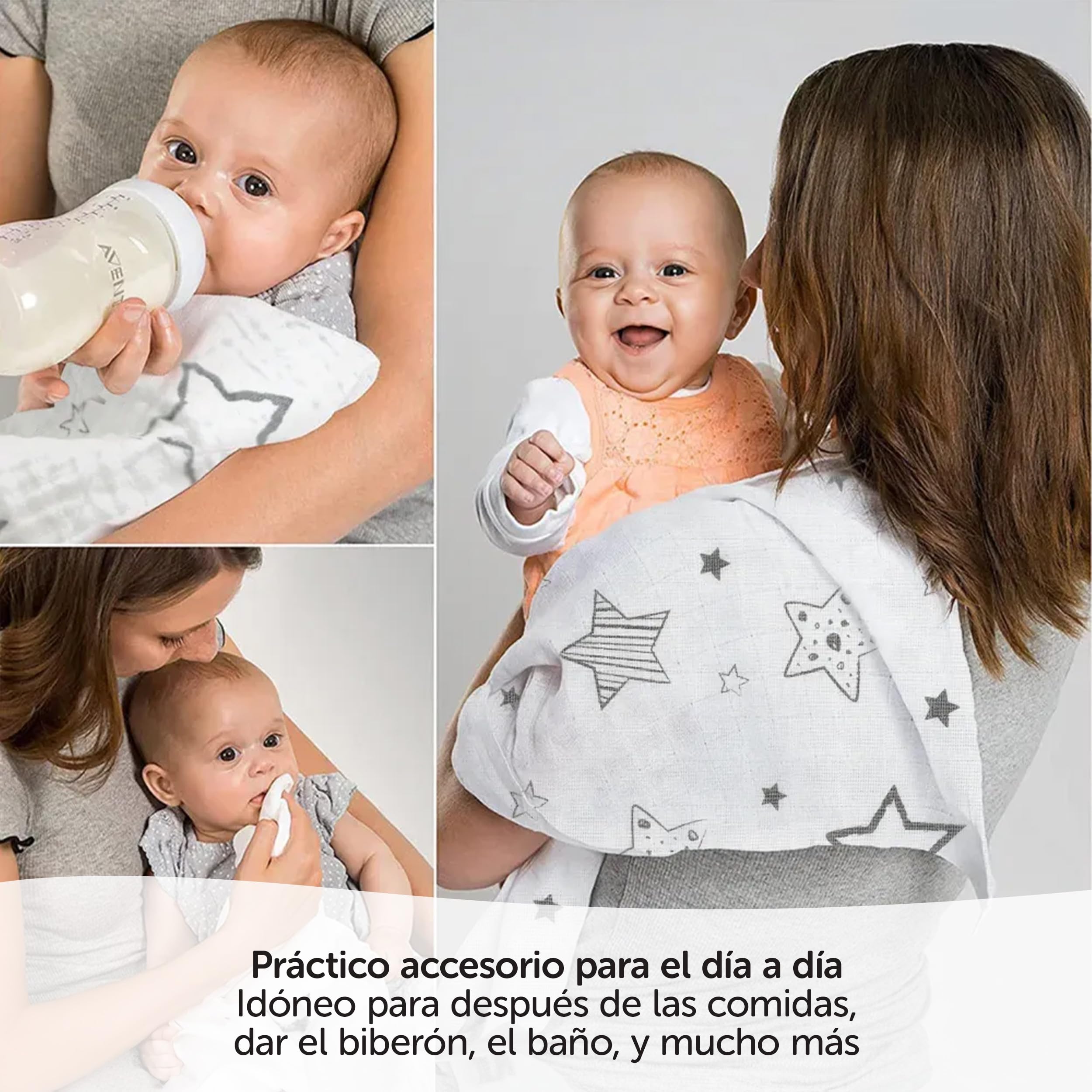 MAKIAN - Muselinas Bebe Algodon 70x70 cm | Gasas para Bebes 4 Ud. | Cuadrados de Muselina con Tejido Doble con Bordes Reforzados y Certificado Oeko-Tex, Estrellas Gris Blanco