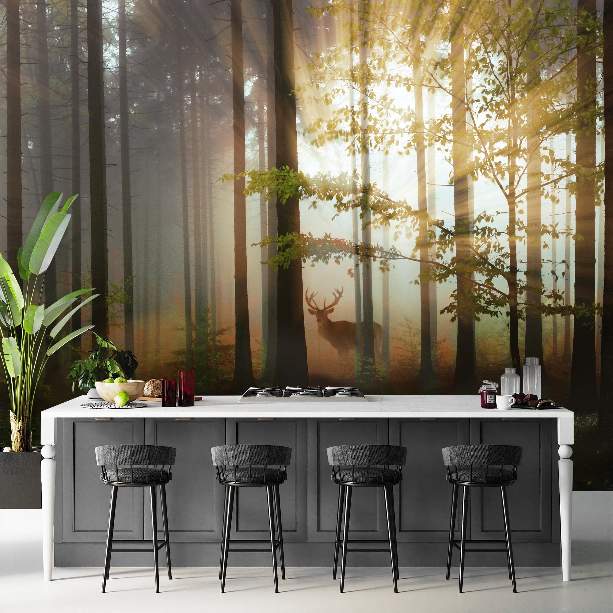 Runa Art Fototapete Wald Hirsch 352 x 250 cm Vlies Tapeten XXL Moderne Wandtapete Wohnzimmer Schlafzimmer Grün Gelb 9387011b