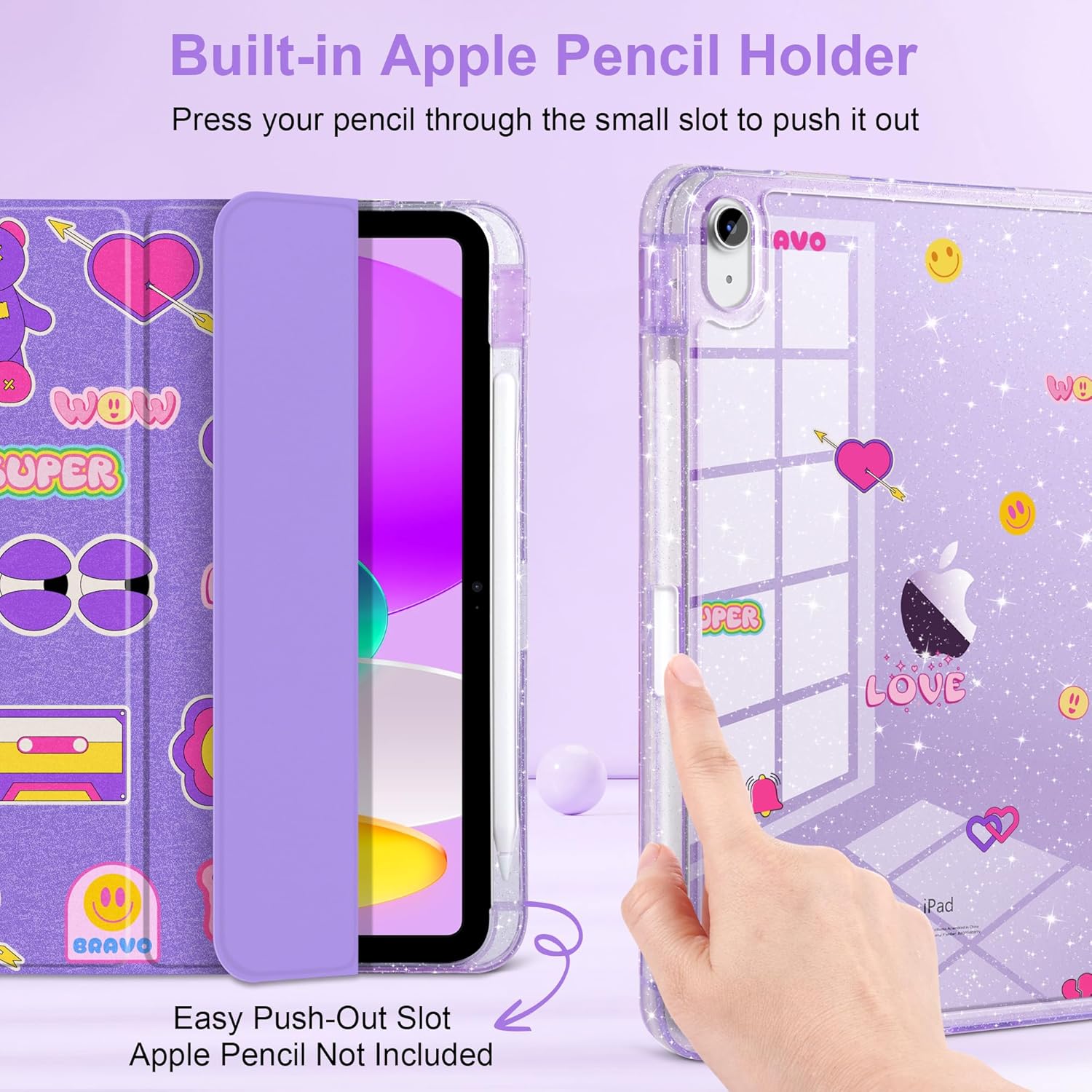 Sparkle Case for iPad 11th Generation (A16) 11 inch 2025 /iPad 10th Gen 10.9 2022 - Premium Satin-Touch Cover, Embedded Glitter Clear Back, Cute Trifold Protective Skin - Retro Stickers