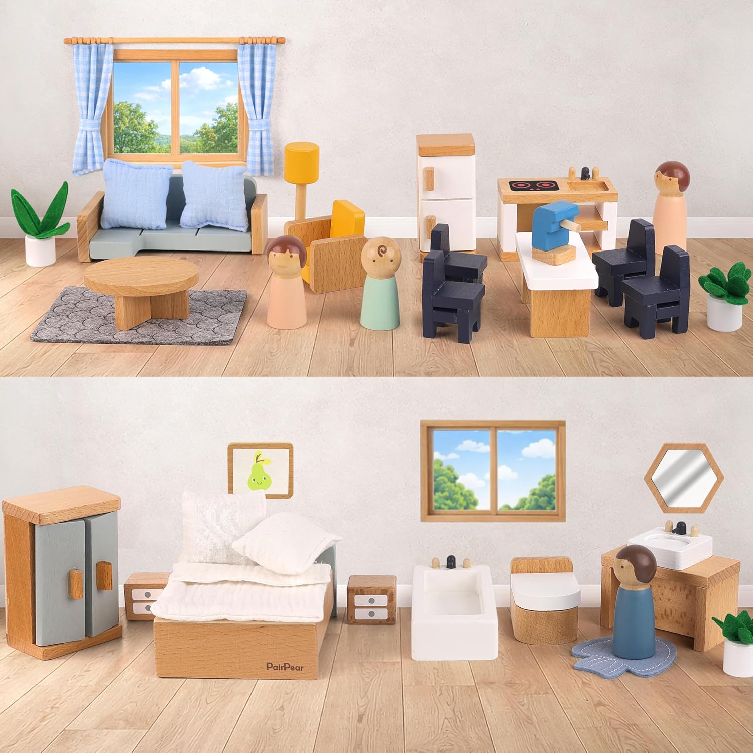 PairPear Wooden Toys Dollhouse Furniture Playset,Natural Wood Pretend Play Furnitures with Family Dolls,Dollhouse Accessories Toys Gift for Girls and Boys 3 Year and Up