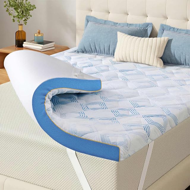 BedStory Queen Firm Matelas Topper - Gel de refroidissement Queen Matelas Pad avec des paillettes pour le soulagement de la douleur au dos, respirant & Topper de lit non glissant avec housse lavable amovible 2 Certifié CertiPUR-US