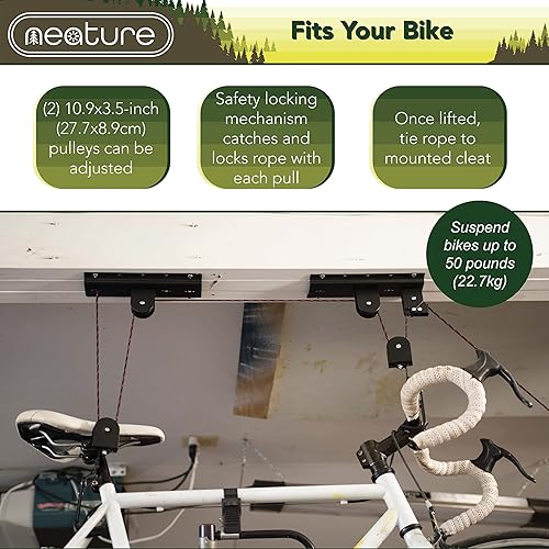 Miniatura 5 de Elevador de techo para bicicleta de garaje, capacidad de 50 libras, sistema de polea de almacenamiento de bicicletas para interiores, montaje de