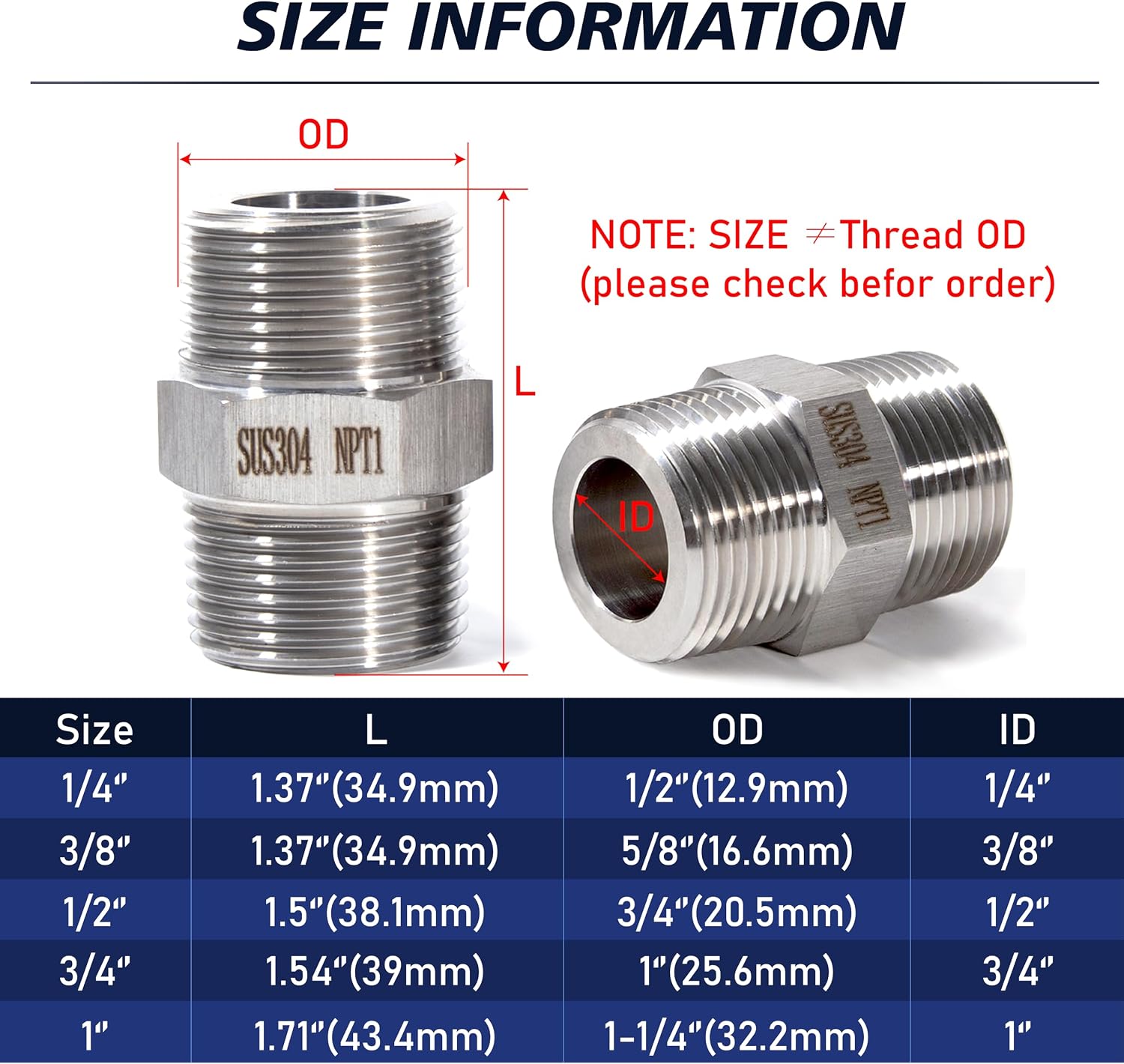 1/4" Male x 1/4" Male Hex Nipple Pipe Fittings, 304 Stainless Steel 1/4 inch NPT Male Threaded Pipe Adapter Fittings Equal Nipples Connectors for Plumbing/Gas/Hydraulic Lines (2-Pack)