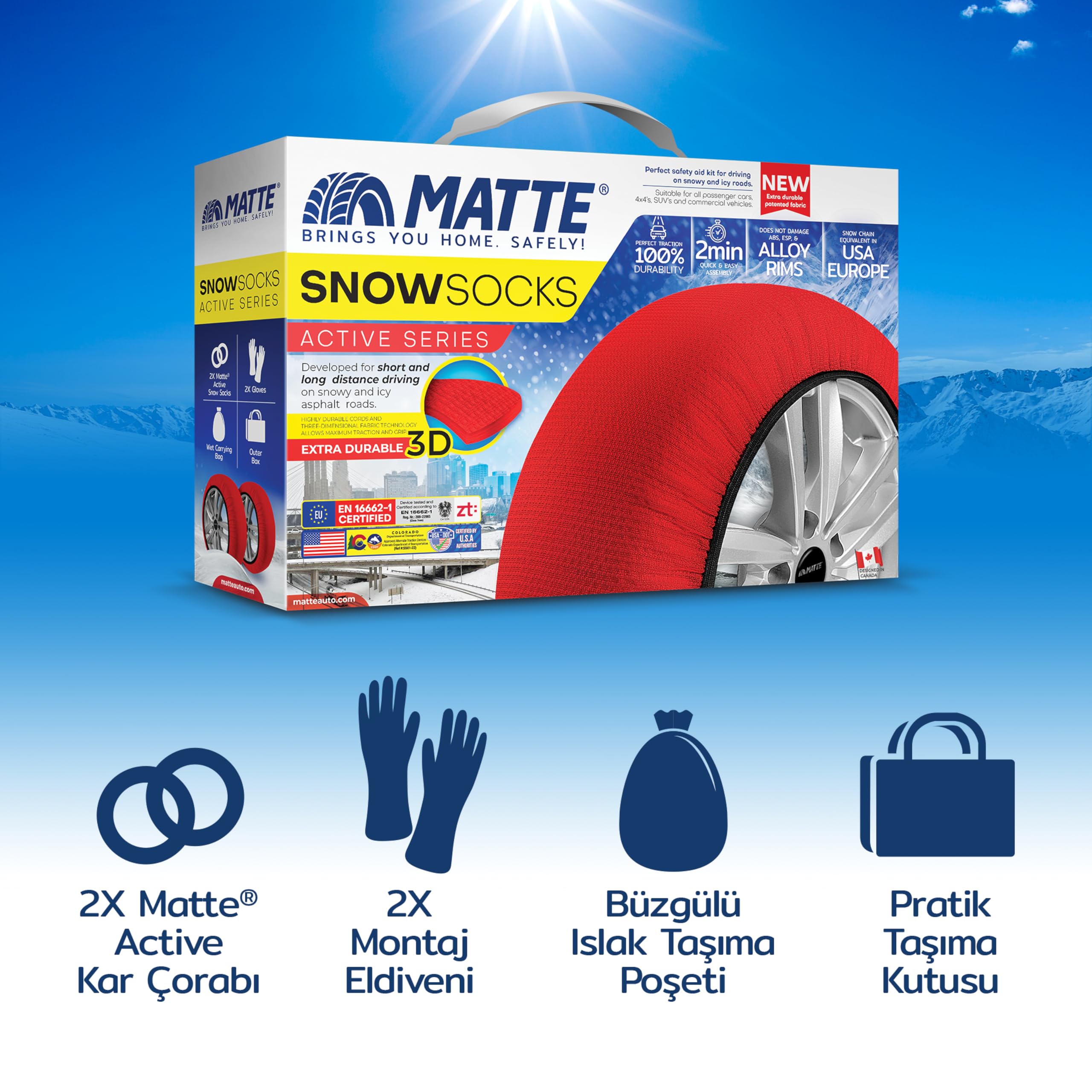 WeGeek, SERIE ACTIVE. Par de calcetines de nieve para coches, SUVs, 4×4s. Nueva HOMOLOGACIÓN EUROPEA EN 16662-1 que unifica los calcetines de nieve con las cadenas de nieve. TALLA XXL. Montaje 2min.