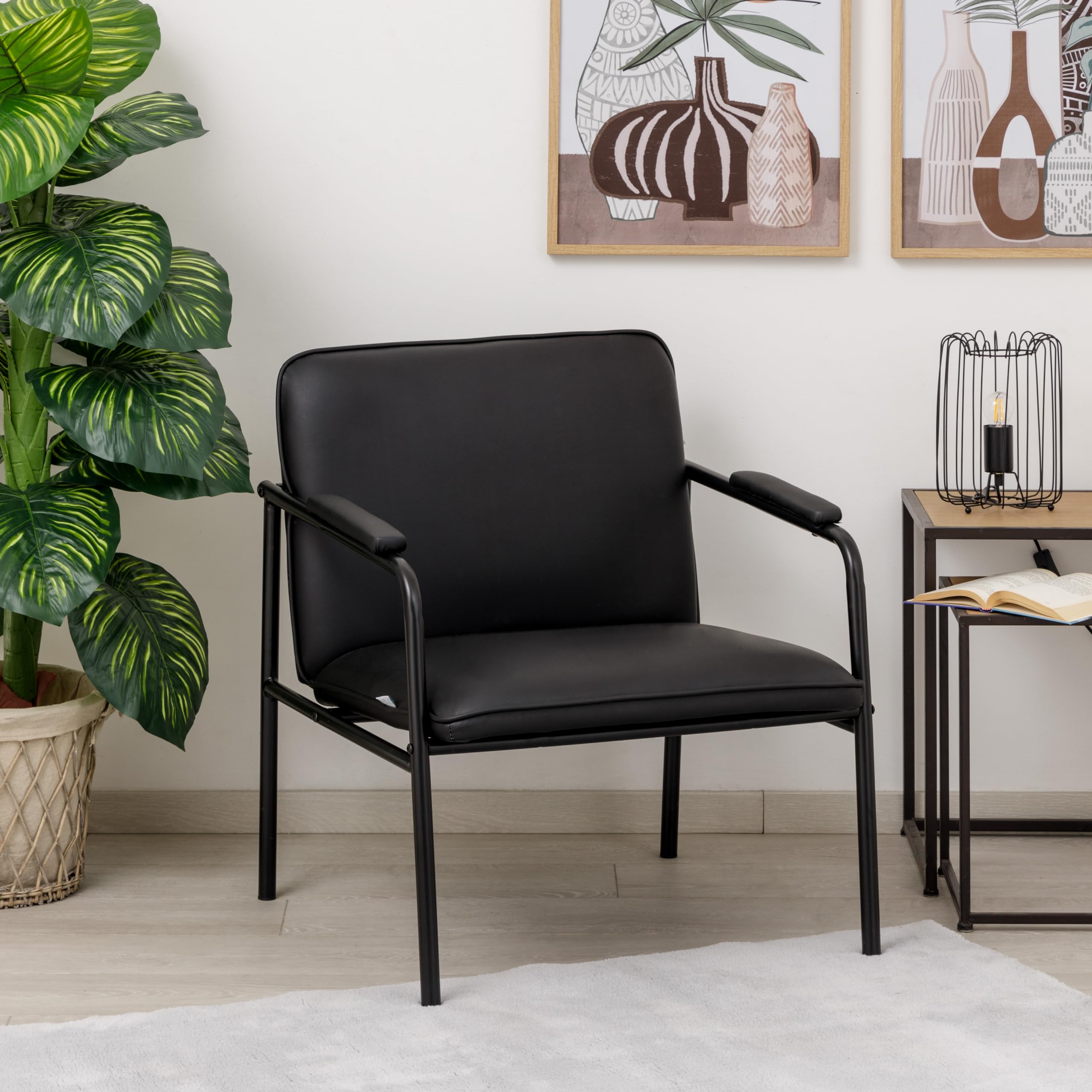 Baroni Home Poltrona in Ecopelle con Struttura in Ferro Design Moderno di Metà Secolo, Seduta Relax per Salotto, Camera da Letto, Ufficio, 78x59x64 cm, Nera