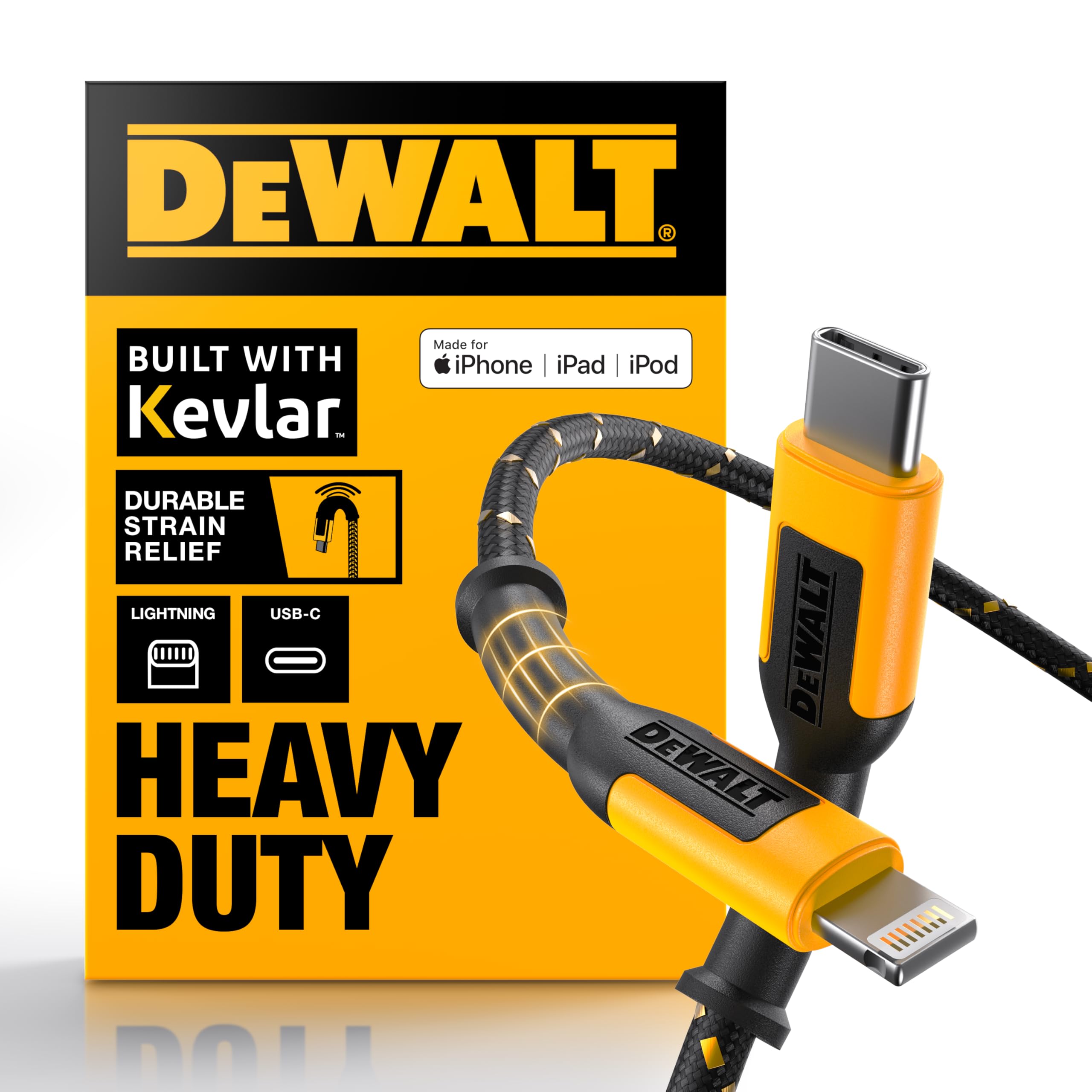 DEWALT Heavy Duty USB C to Lightning Cable [Apple MFi Certified] Durable iPhone Charger, Lightning Cables, Fast Charging iPhone Charger Cord