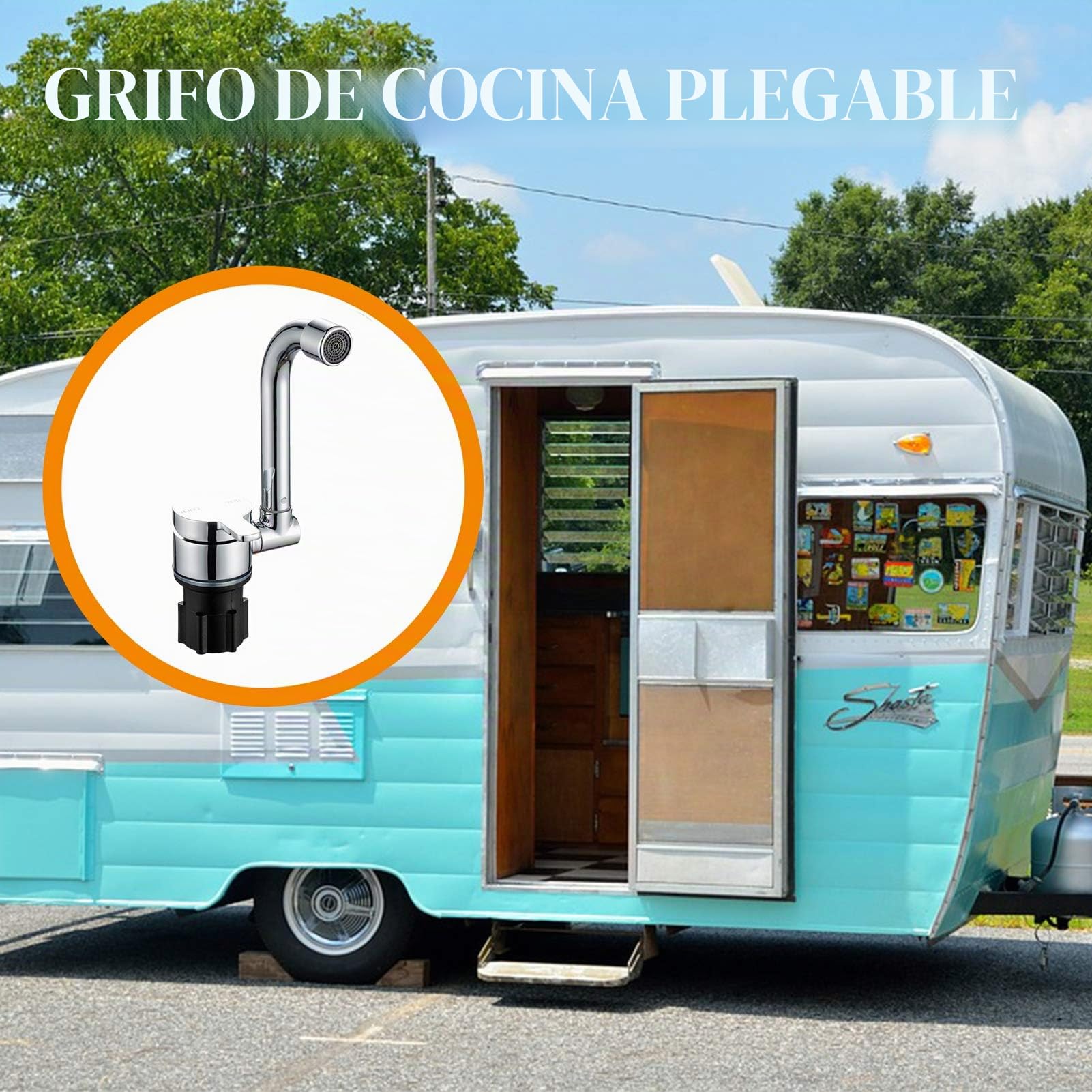 Grifo plegable para autocaravanas – giratorio 360° – Acero inoxidable – Pulido – Plata Metálica – Grifo de cocina con manguera de entrada de agua fría y caliente – Caravanas, casas flotantes,