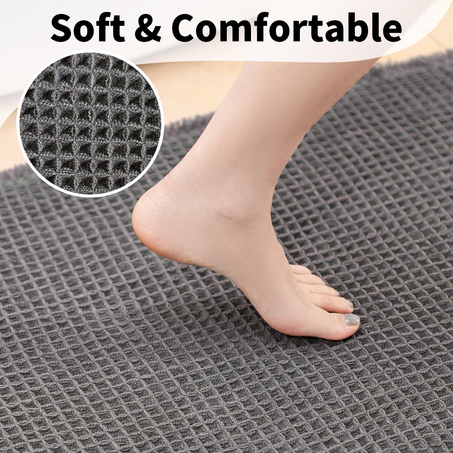 Waffle Bath Mat - Boho Bathroom Rugs Non Slip Washable, Super Absorbent & Quick Dry, Small Bath Mats Farmhouse Bathroom Decor, 18'' x 30'', Dark Grey - Image 3