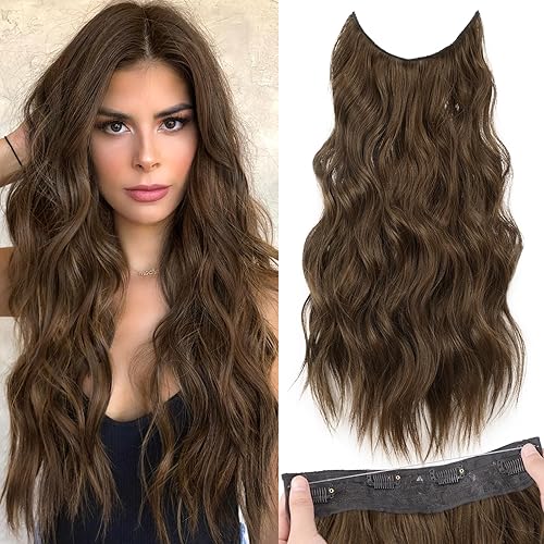 KooKaStyle Invisible Wire Hair Extensions with Transparent Wire Headband Adjustable Size 4 Secure Clips Long Wavy Hairpiece 20 Inch Medium Brown for Women
