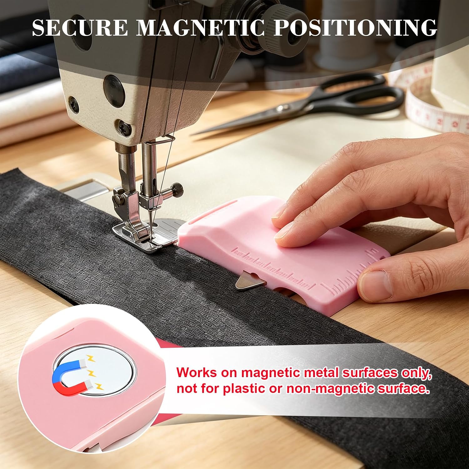 4Pcs Magnetic Seam Guide for Sewing Machine, 3-in-1 Sleeve & Edge Positioning Tool with Built-in Seam Ripper and Ruler Scale for Cuffs,Plackets,Collars and Topstitching