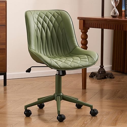 YOUNIKE Silla de escritorio de oficina en casa con ruedas, silla de tocador sin brazos con respaldo, cómoda y moderna silla tapizada de cuero,