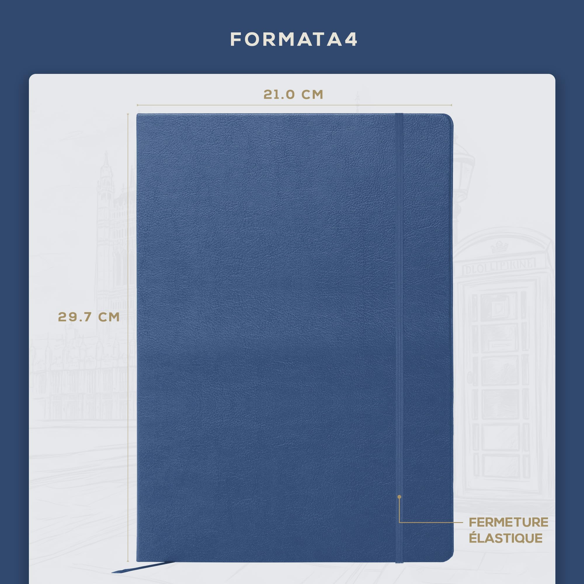 Beechmore Books Carnet de Notes Lignées XL A4 Bleu Marine Couverture Rigide Cuir Vegan Papier Ligné 120 g/m²
