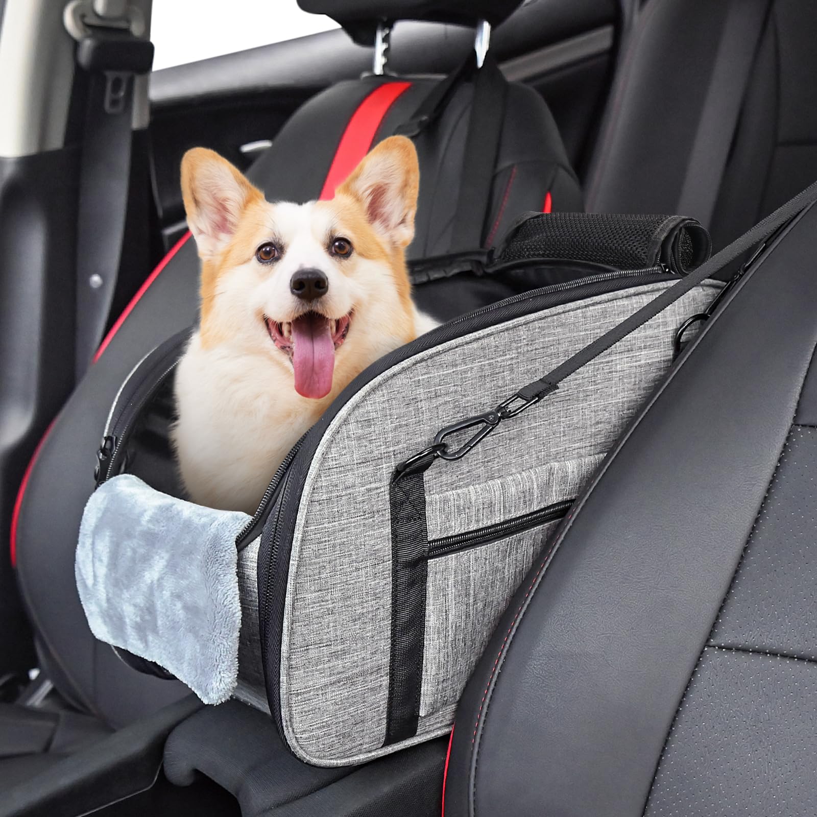 Hundeautositz für Kleine Hunde – Hunde Autositz für Mittelkonsole, Tragbarer Hundesitz mit Doppeltem Sicherheitsgurt und Rutschfester Unterseite, Waschbarem Kissen, Lagerungstasche, Grau