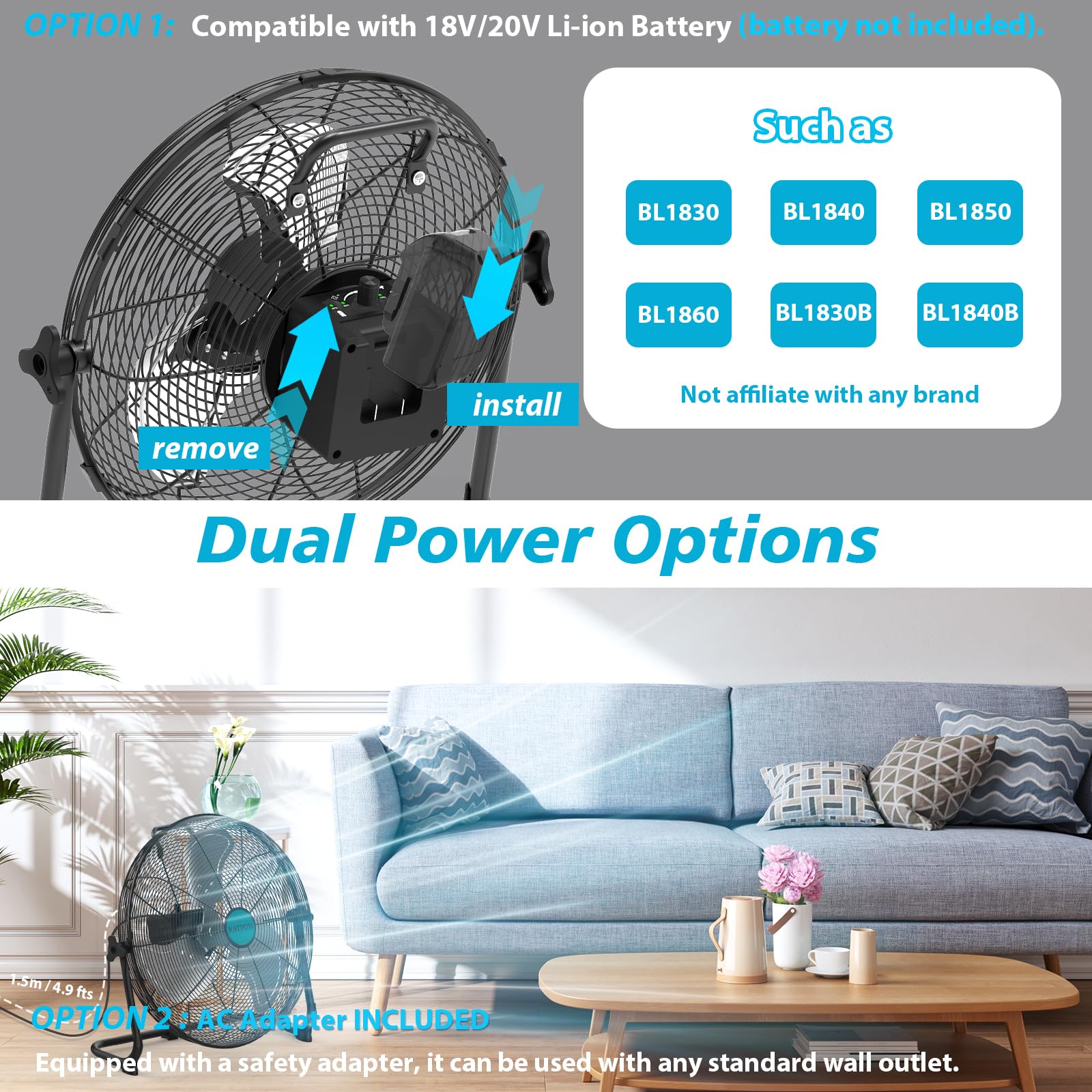 NATPOW Ventilateur Compatible avec Makita 18V, 15W Brasseur d'air avec Type C et USB, 30 cm Ventilateur de Sol, Adaptateur 1,5 m Inclus, Silencieux pour Camping, Plage, Pêche, Chantier, sans Batterie