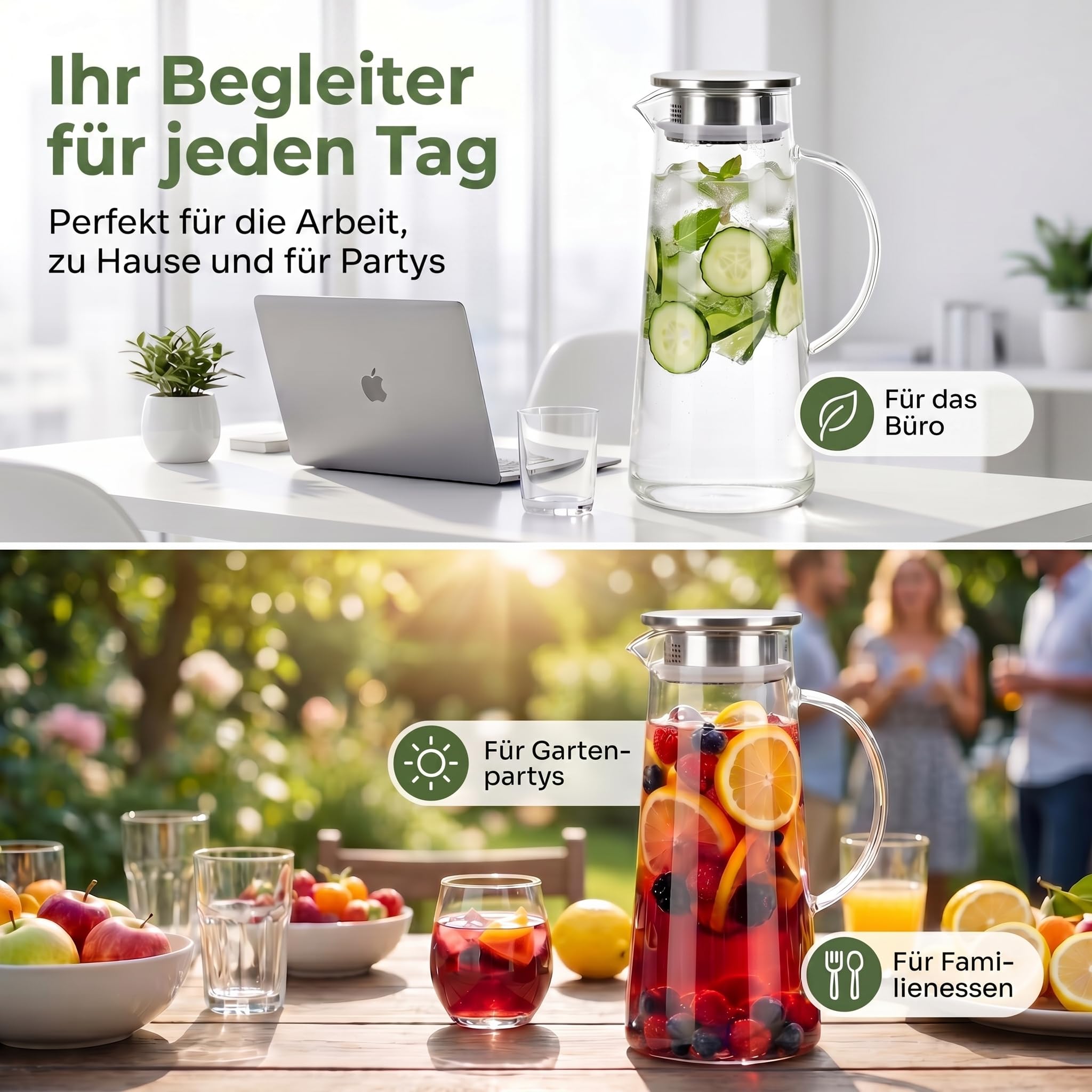 Wasserkrug Wasserkanne Krug 1,5 Liter, Glaskrug mit Filter und Deckel aus Edelstahl Getränkekaraffe für heißes u. kaltes Wasser Eistee Kaffee Milch Saft Glaskaraffe mit Griff