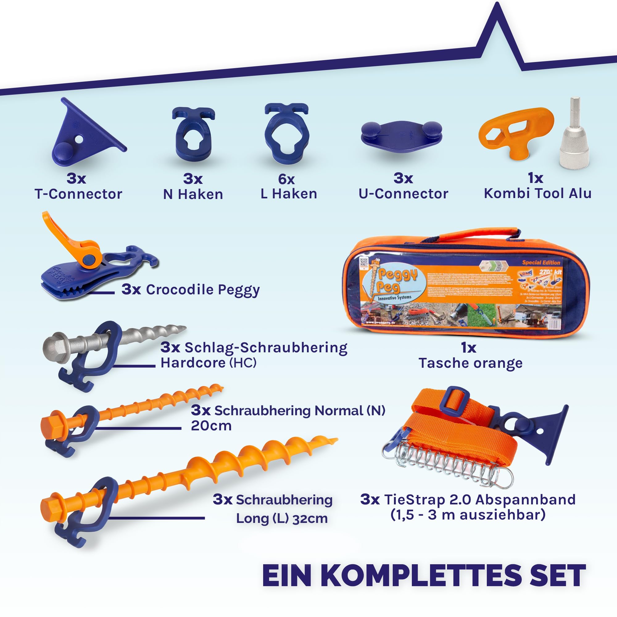 Peggy Peg PP 270° AbspannKit, Sturmsicherung für Markisen, inkl. Tasche | Für 270°-Markisen, Camping-Zubehör, Wohnmobil & Wohnwagen, praktische Aufbewahrung, Bodenbefestigung
