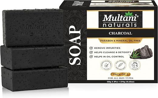 Multani Natural Charcoal Soap For Oily Skin (125 Gm - Pack Of 3) | For Blackheads & Acne Prevention | For Deep Cleansing &...